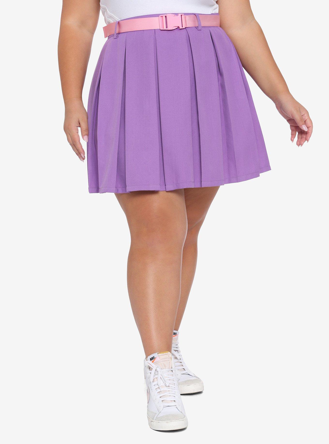 Purple Pleated Skirt With Pink Buckle Belt Plus Size, MULTI, hi-res