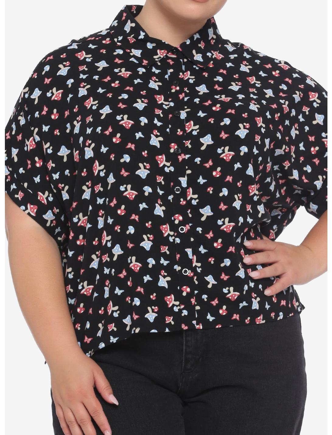 Mushroom Butterfly Girls Woven Button-Up Plus Size, BLACK, hi-res