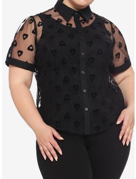 Black Flocked Planchette Sheer Girls Button-Up Plus Size, , hi-res