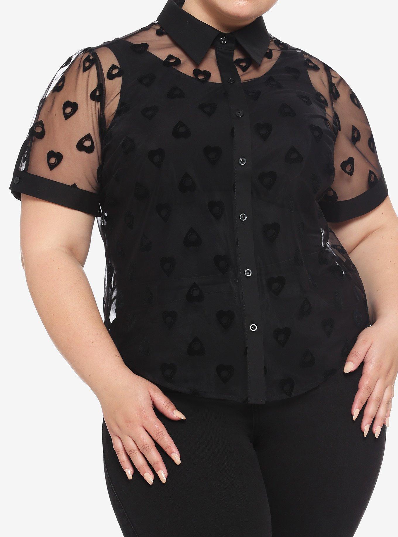Black Flocked Planchette Sheer Girls Button-Up Plus Size, BLACK, hi-res