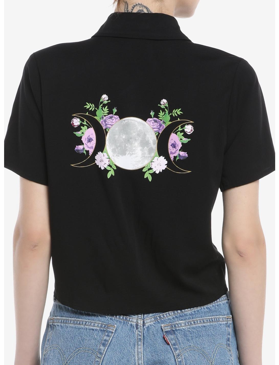 Floral Moon Tie-Front Girls Woven Button-Up, BLACK, hi-res