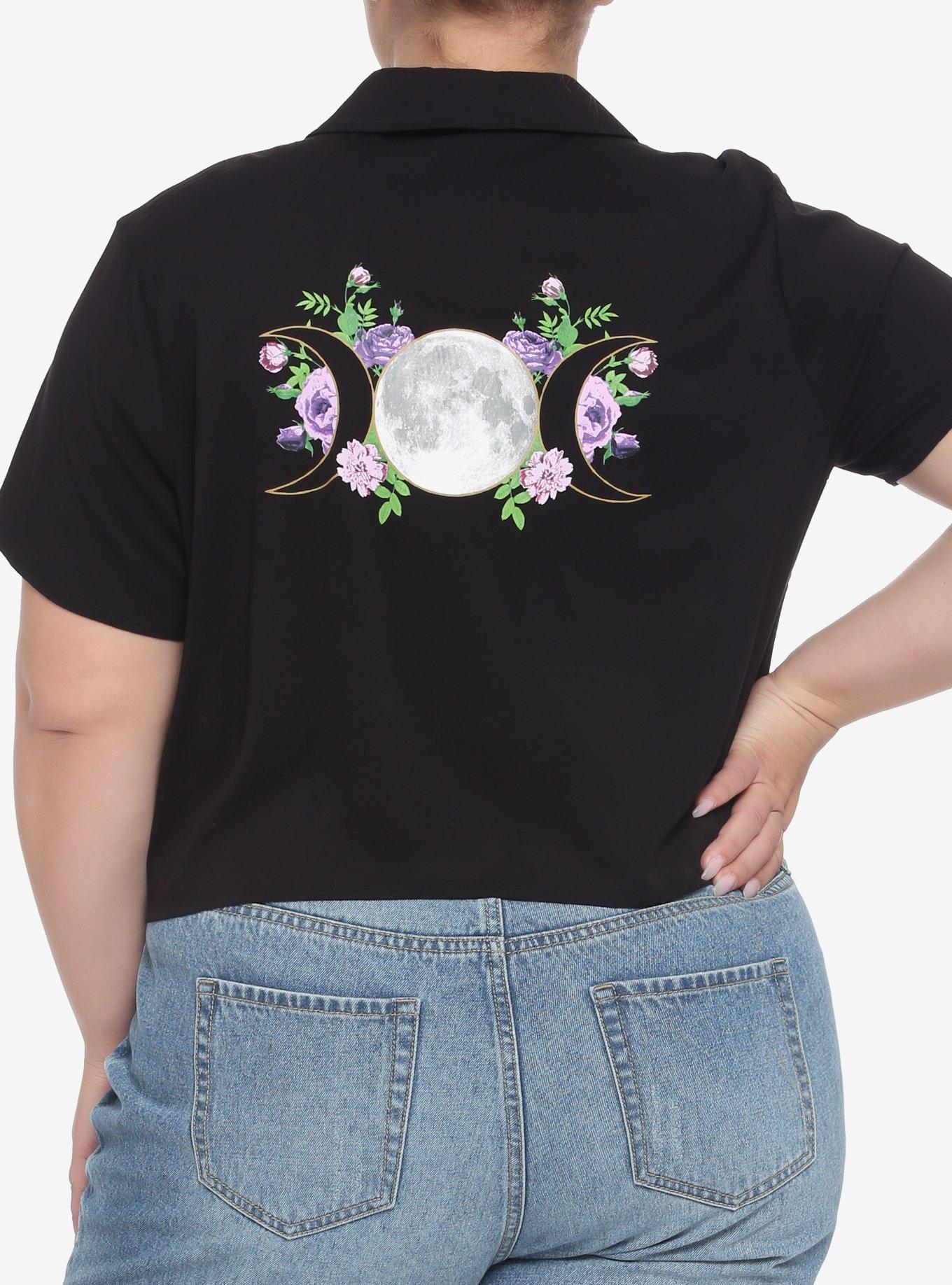 Floral Moon Tie-Front Girls Woven Button-Up Plus Size, BLACK, hi-res