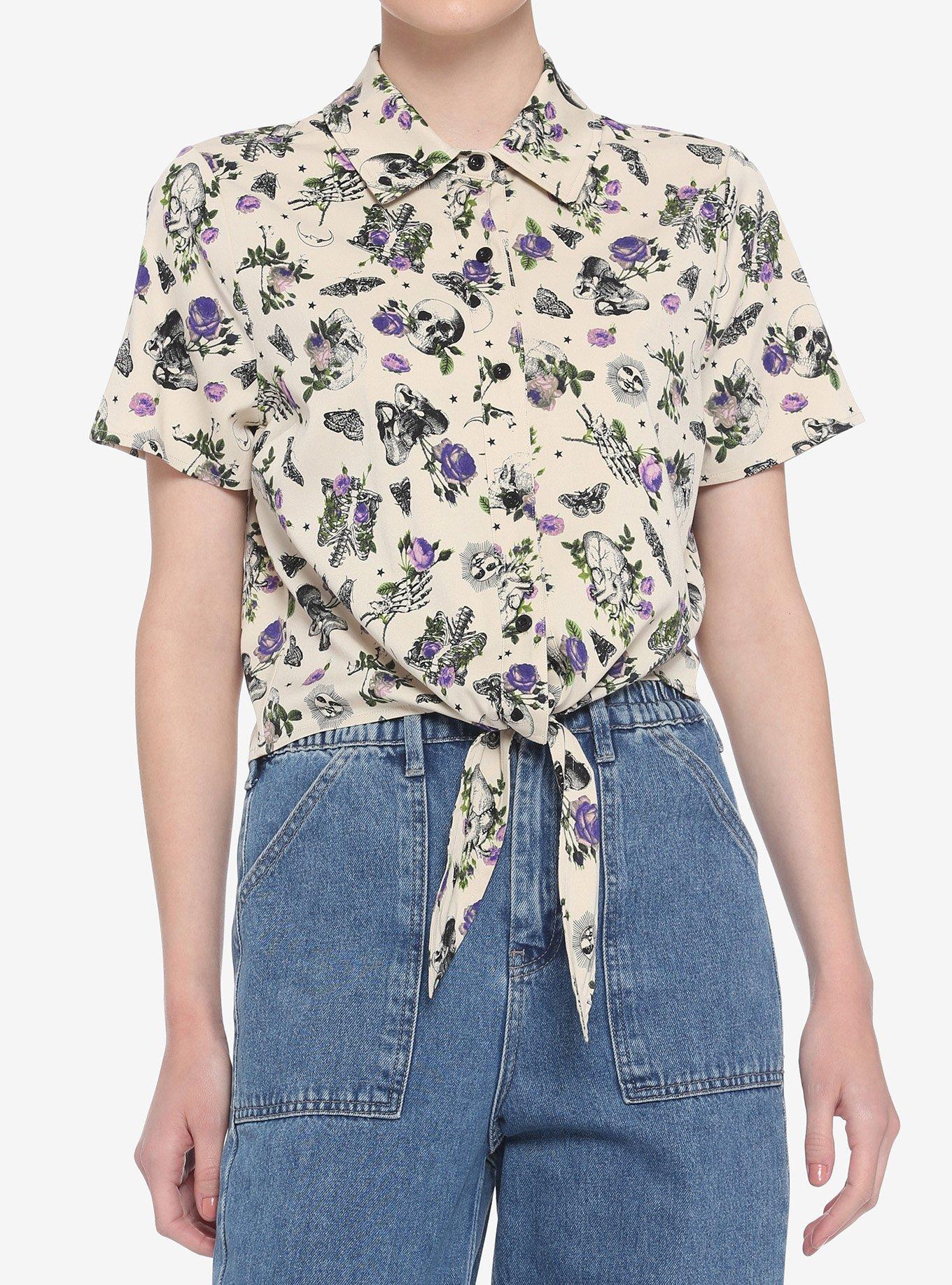 Bones & Flowers Tie-Front Girls Woven Button-Up, BEIGE, hi-res