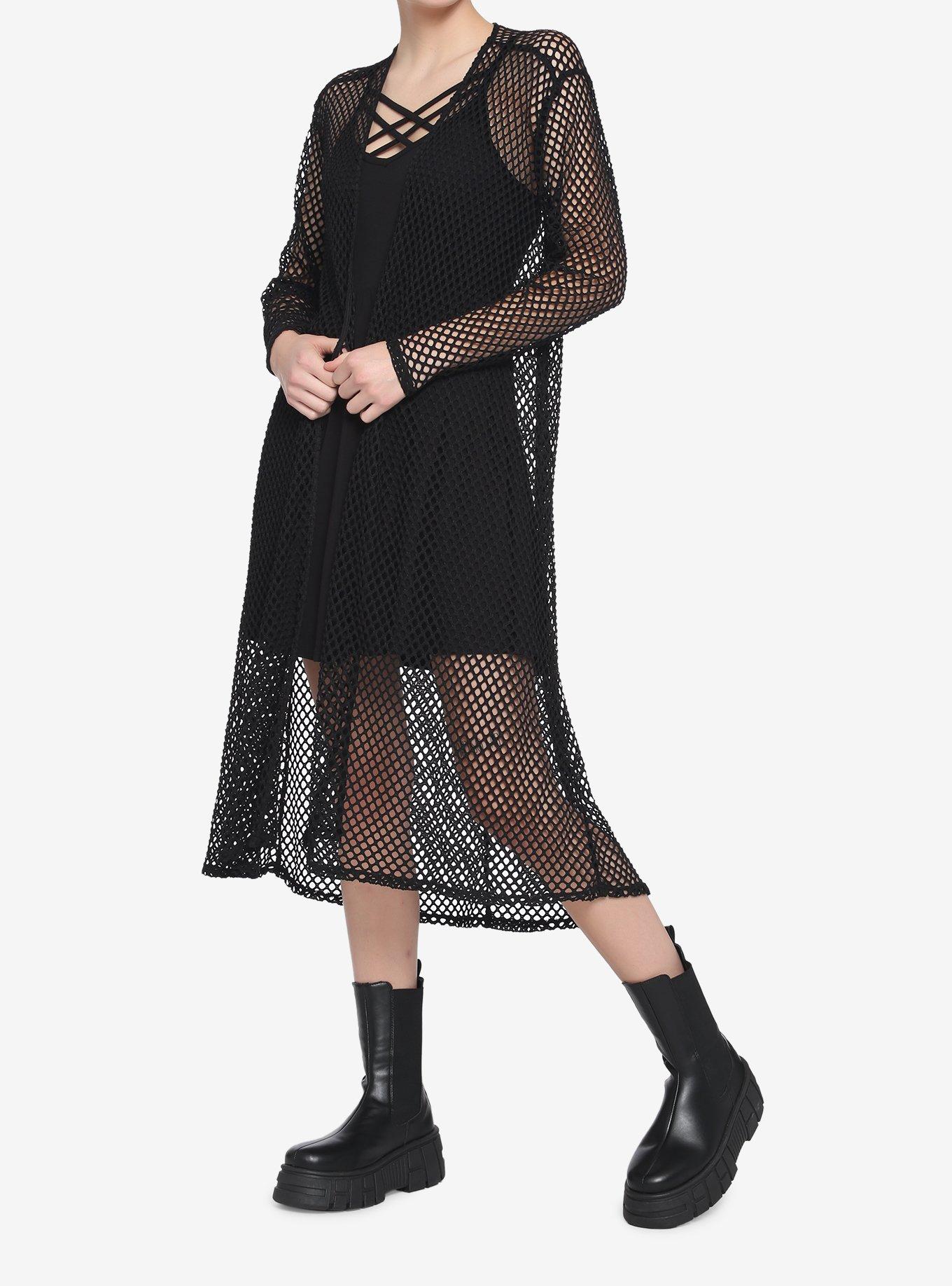 Black Fishnet Long Duster, BLACK, hi-res
