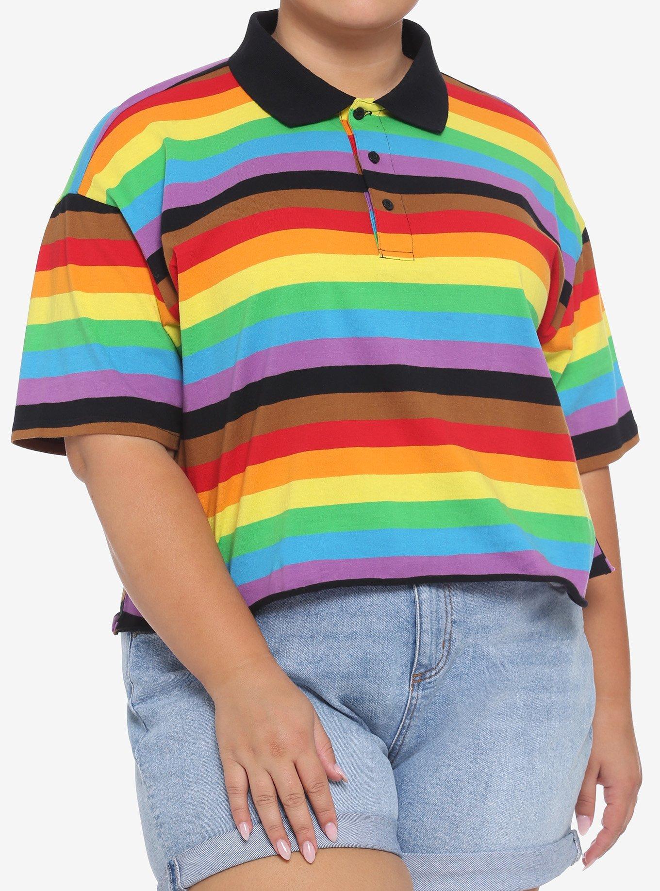 Rainbow Stripe Polo Shirt Plus Size, STRIPES, hi-res