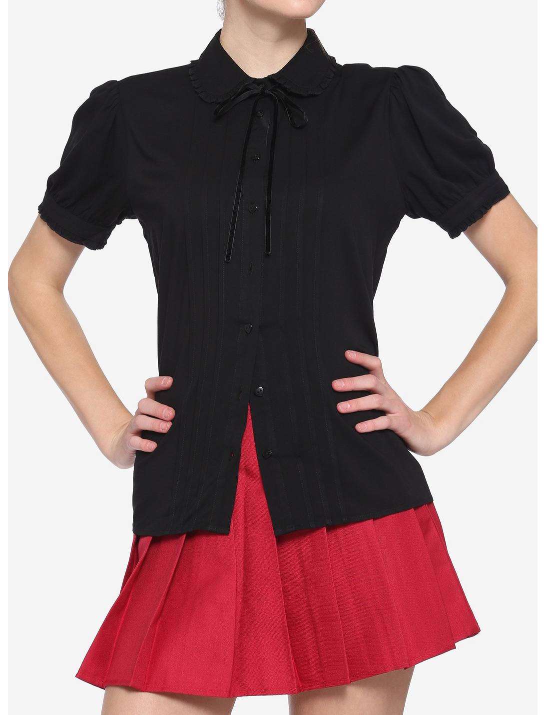 Black Puff Sleeve Tie-Front Girls Woven Button-Up, BLACK, hi-res