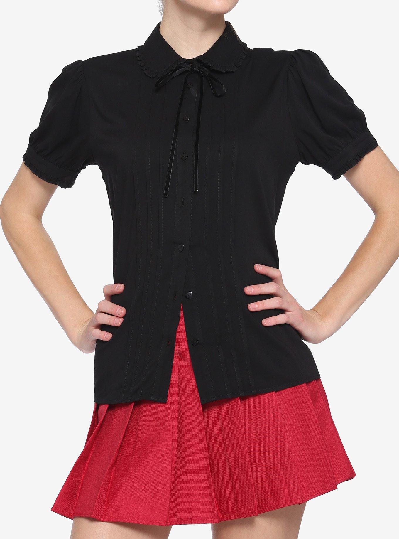 Black Puff Sleeve Tie-Front Girls Woven Button-Up