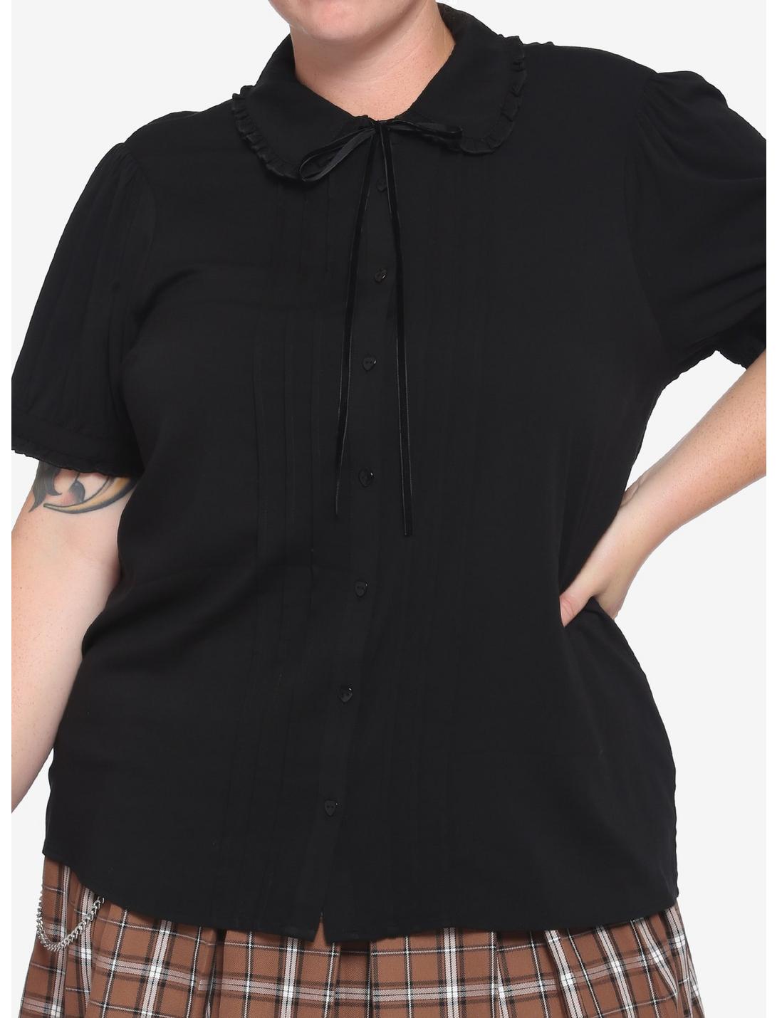 Black Puff Sleeve Tie-Front Girls Woven Button-Up Plus Size, BLACK, hi-res