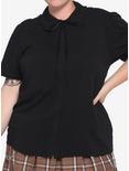Black Puff Sleeve Tie-Front Girls Woven Button-Up Plus Size, BLACK, hi-res