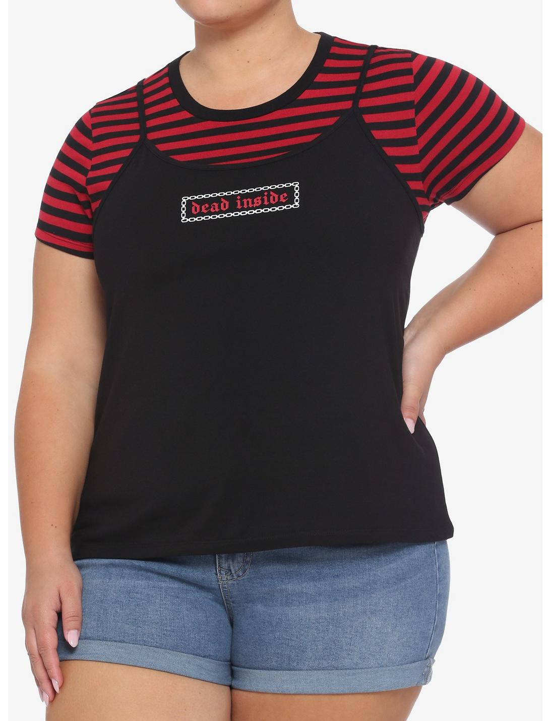 Dead Inside Black & Red Stripe Girls Strappy Tank Top With T-Shirt Plus Size, STRIPES - RED, hi-res