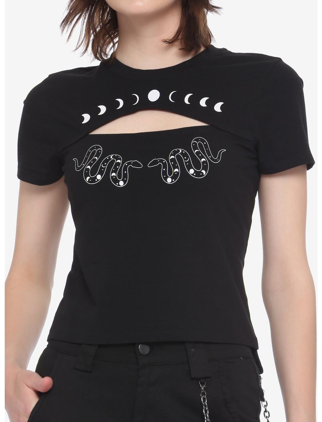 Snake Moon Phase Cutout Girls Crop T-Shirt, BLACK, hi-res