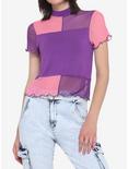 Pink & Purple Color-Block Mesh Mock Neck Girls Top, MULTI, hi-res