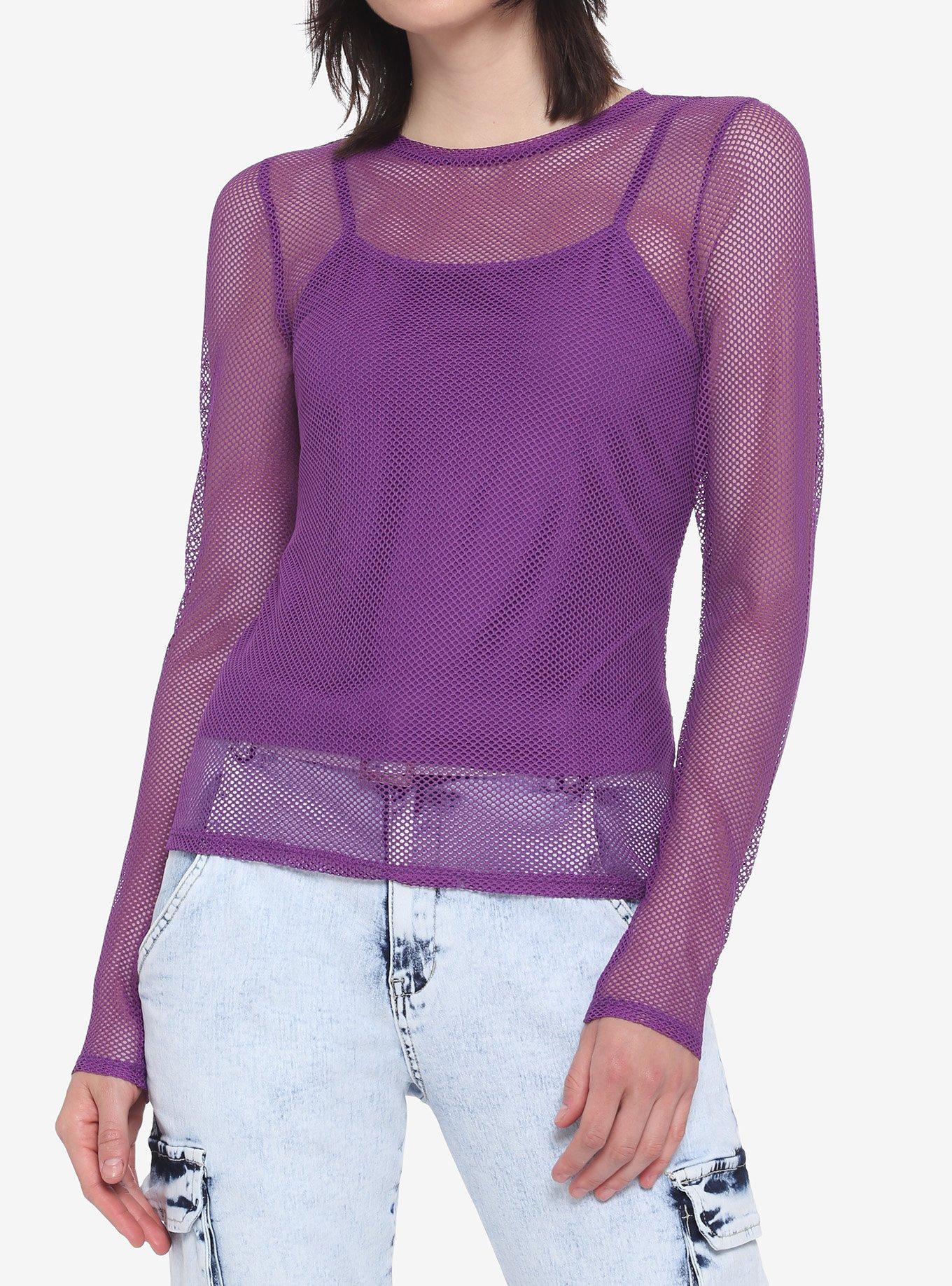 Purple Fishnet Layered Girls Long-Sleeve Top, PURPLE, hi-res