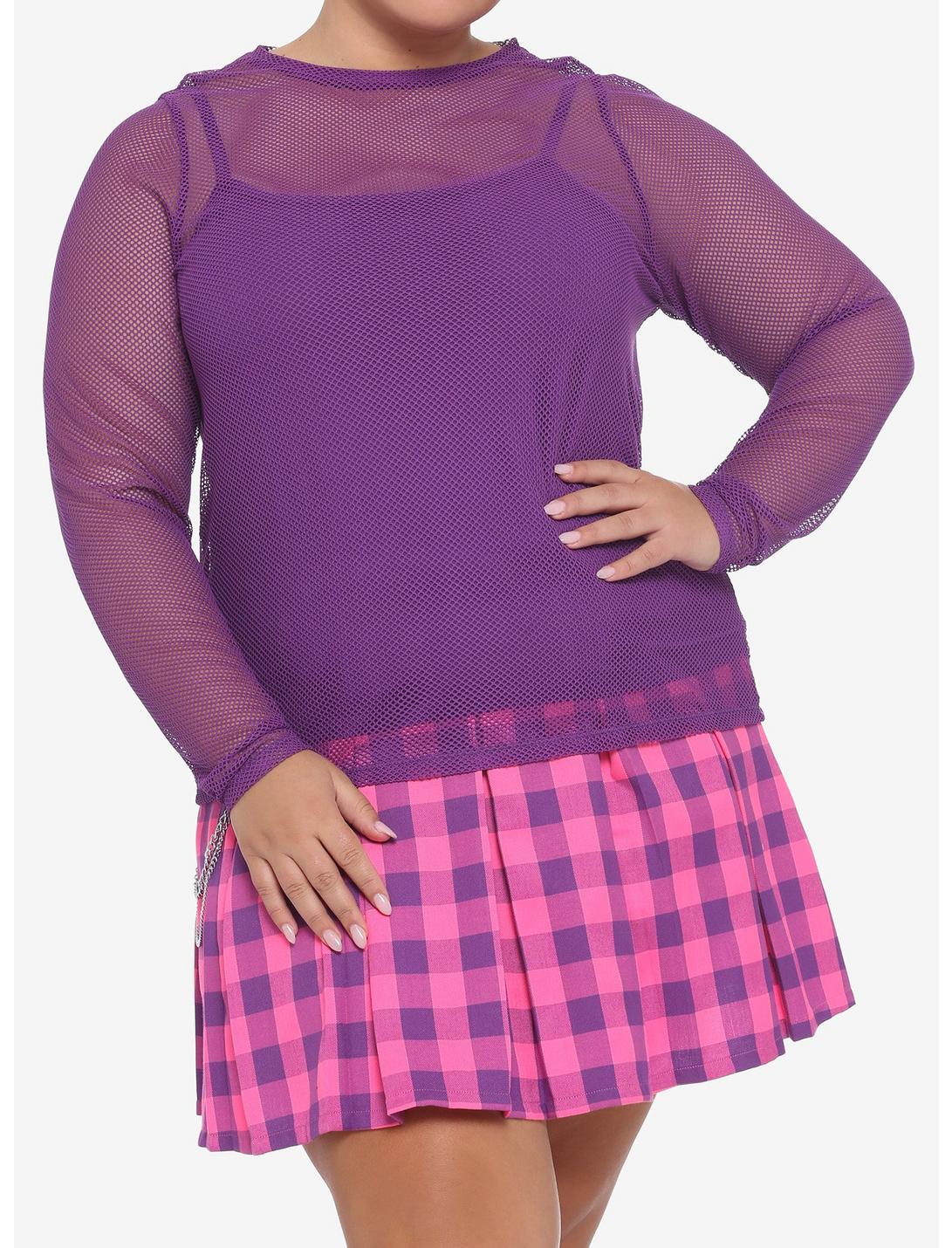 Purple Fishnet Layered Girls Long-Sleeve Top Plus Size, PURPLE, hi-res