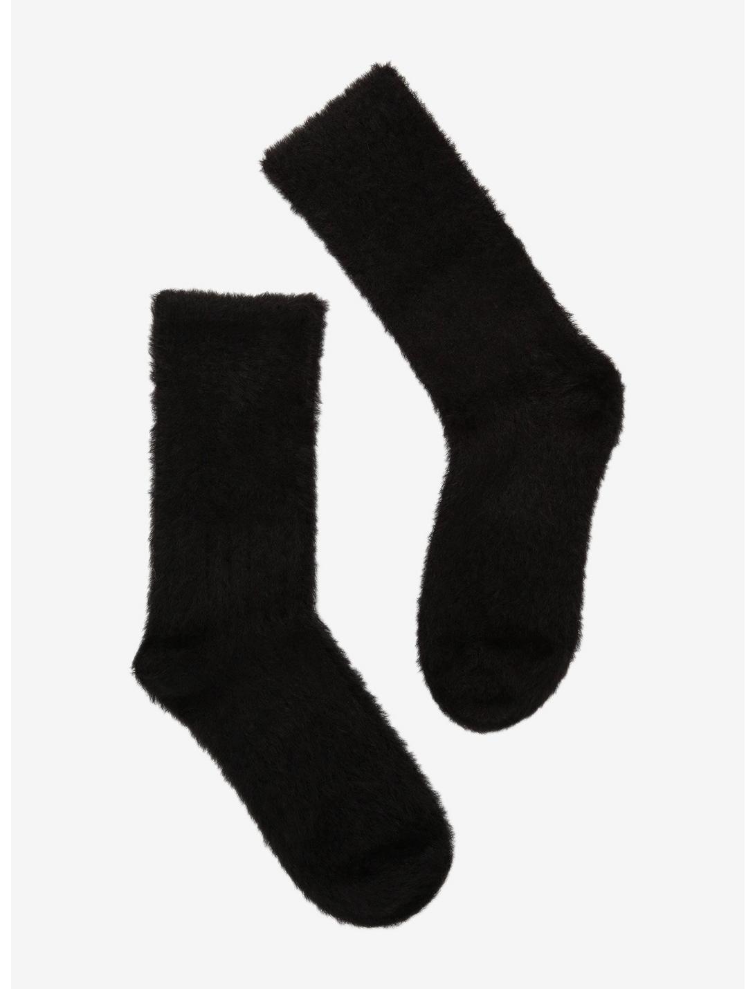 Black Fuzzy Crew Socks, , hi-res