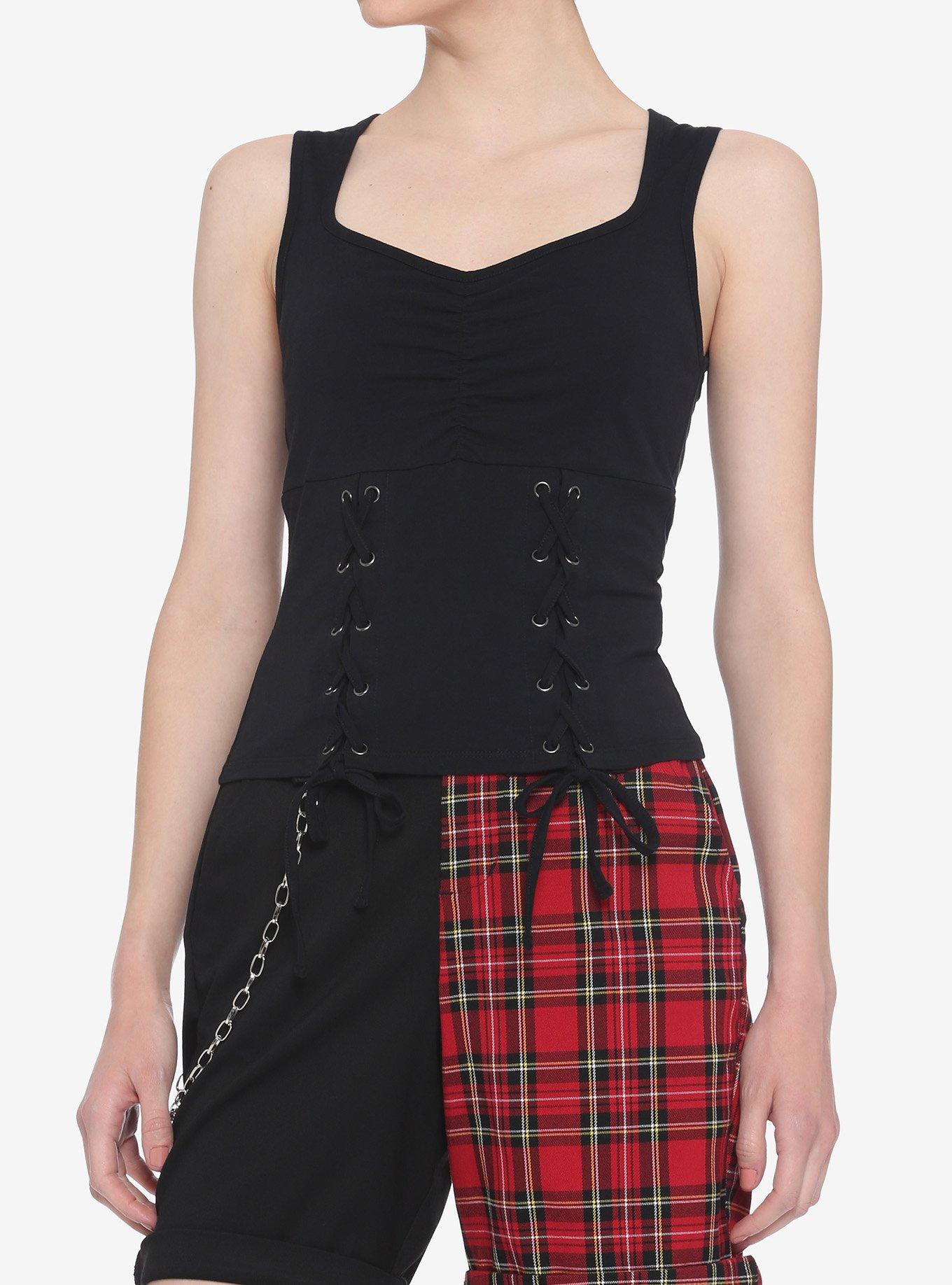 Black Lace-Up Girls Crop Tank Top, BLACK, hi-res