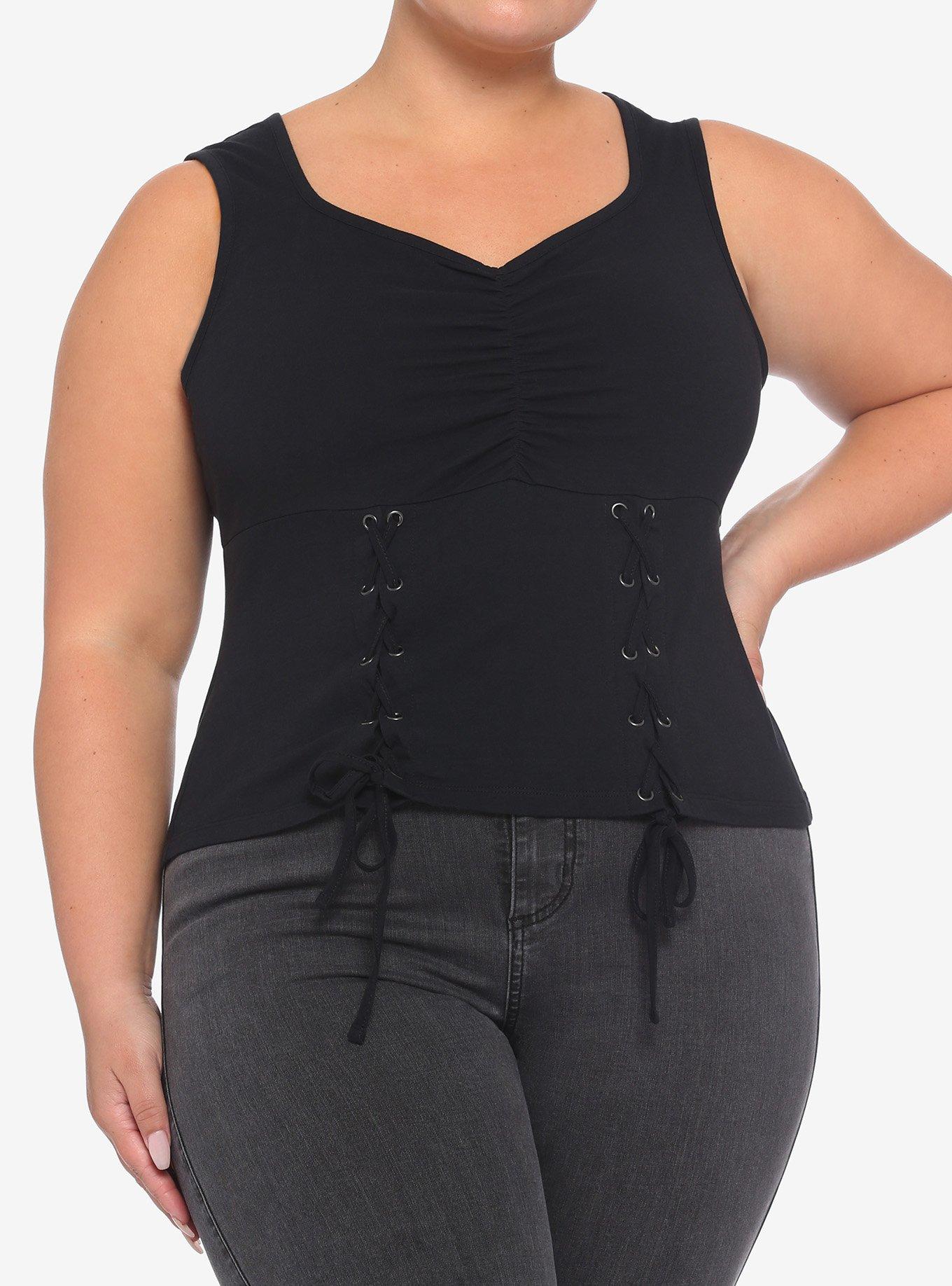 Black Lace-Up Girls Crop Tank Top Plus Size, BLACK, hi-res