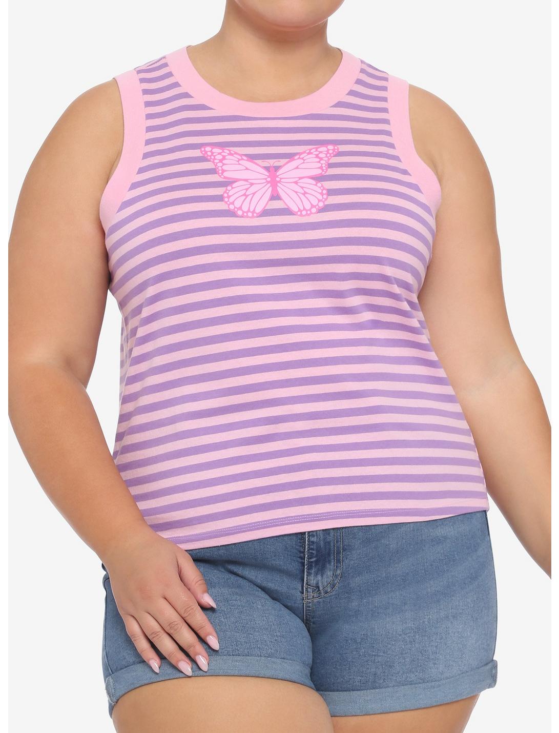 Butterfly Pink & Purple Stripe Girls Tank Top Plus Size, MULTI, hi-res