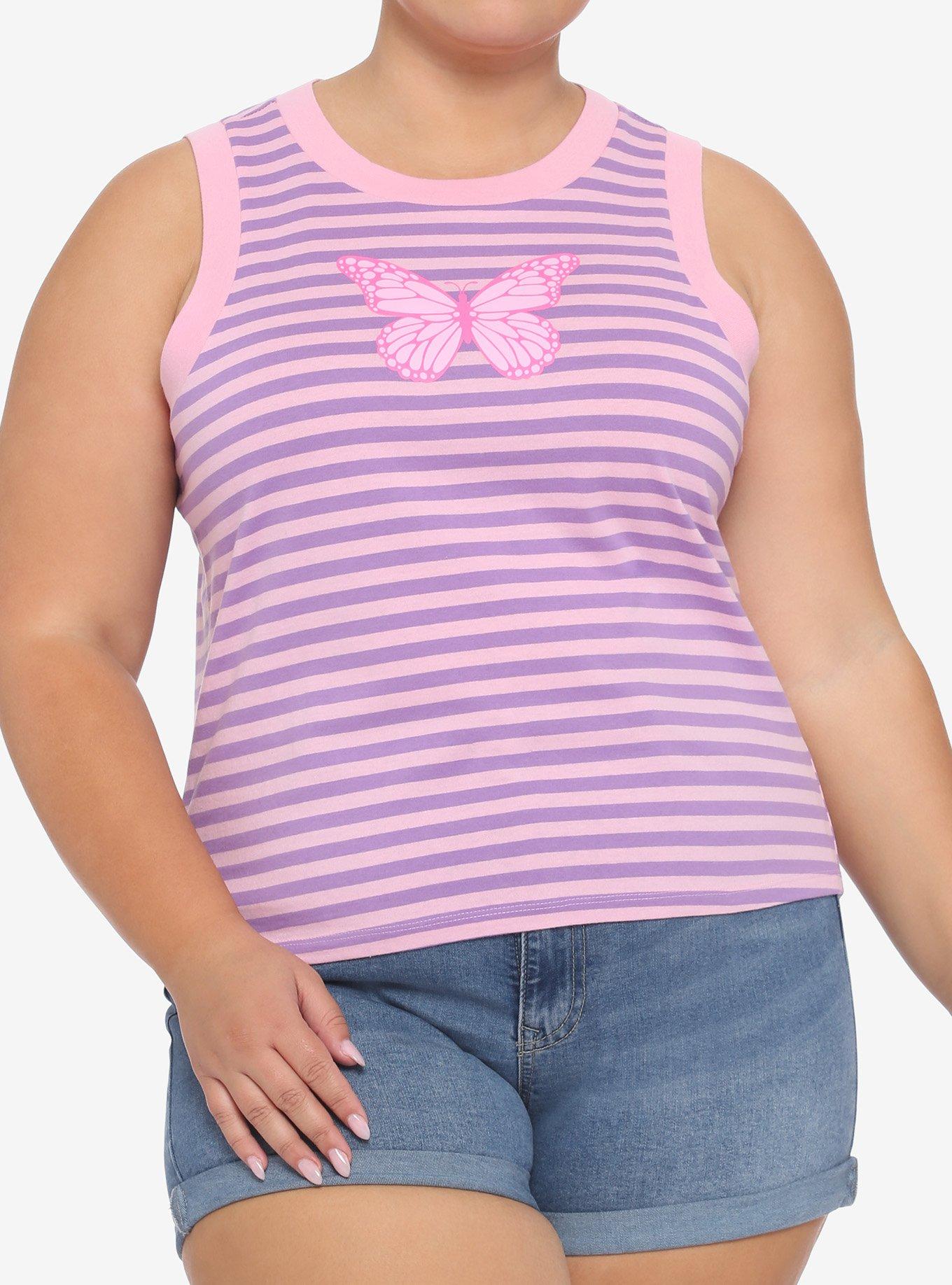 Butterfly Pink & Purple Stripe Girls Tank Top Plus Size, MULTI, hi-res