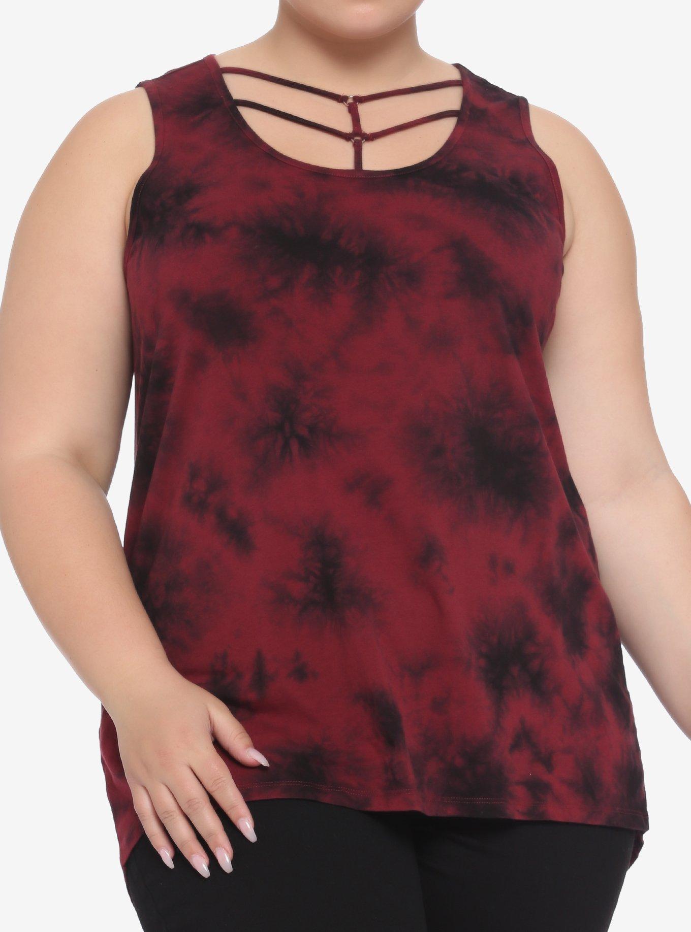 Red & Black Tie-Dye Strappy Hi-Low Girls Tank Top Plus Size, MULTI, hi-res