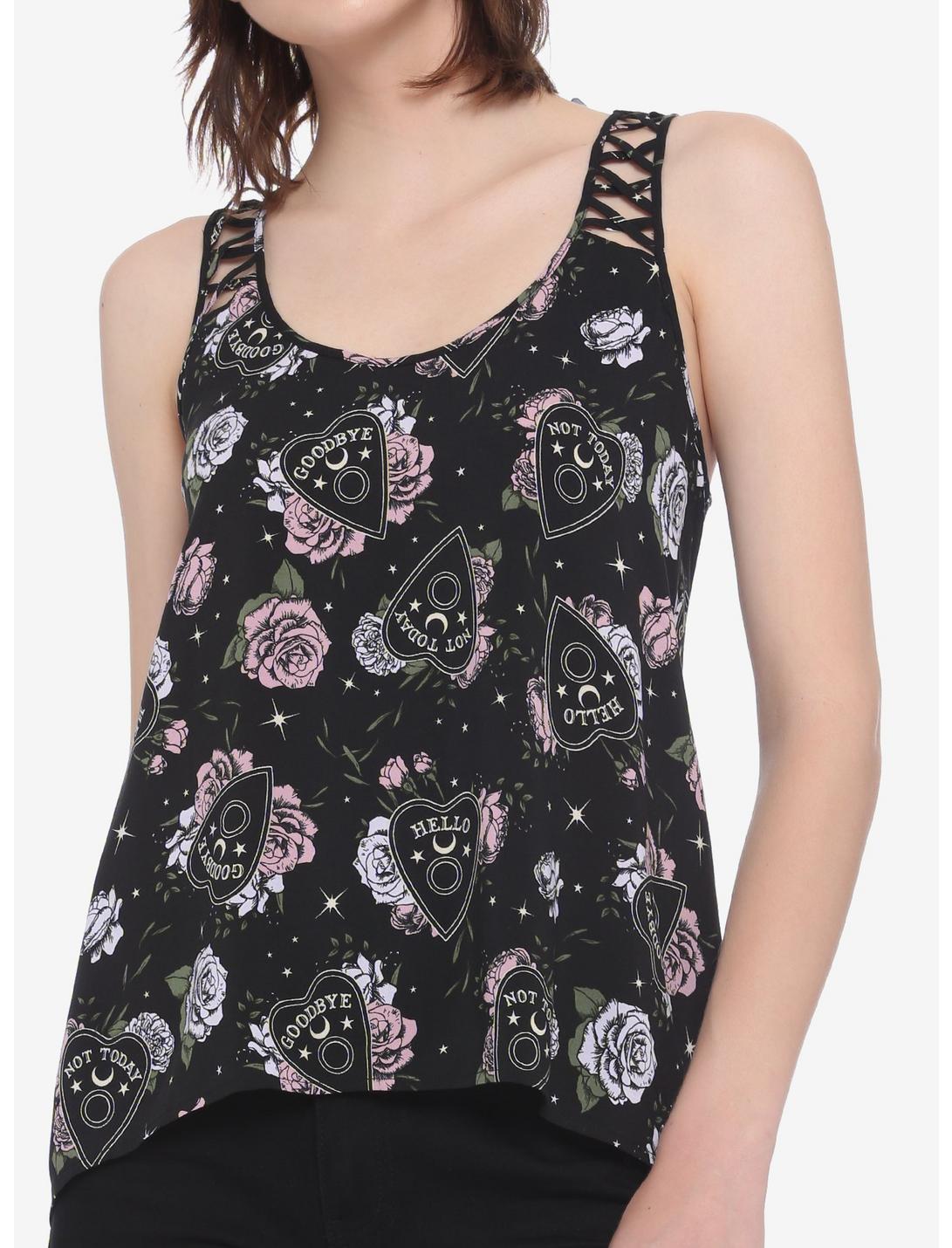 Floral Planchette Strappy Back Girls Woven Tank Top, BLACK, hi-res