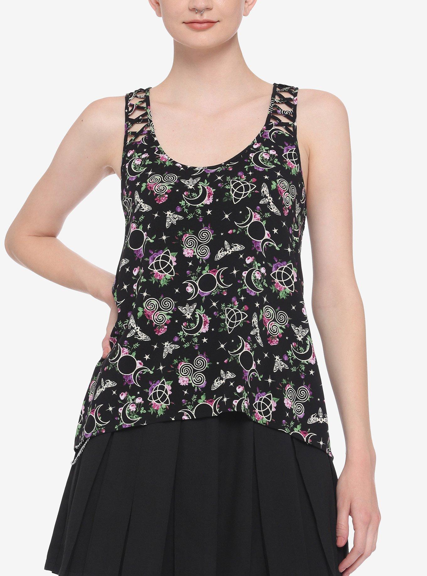 Floral Occult Symbol Crisscross Panel Hi-Low Girls Tank Top, BLACK, hi-res