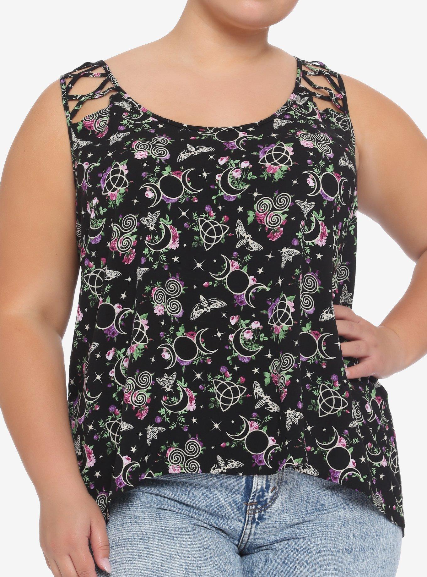 Floral Occult Symbol Crisscross Panel Hi-Low Girls Tank Top Plus Size, BLACK, hi-res