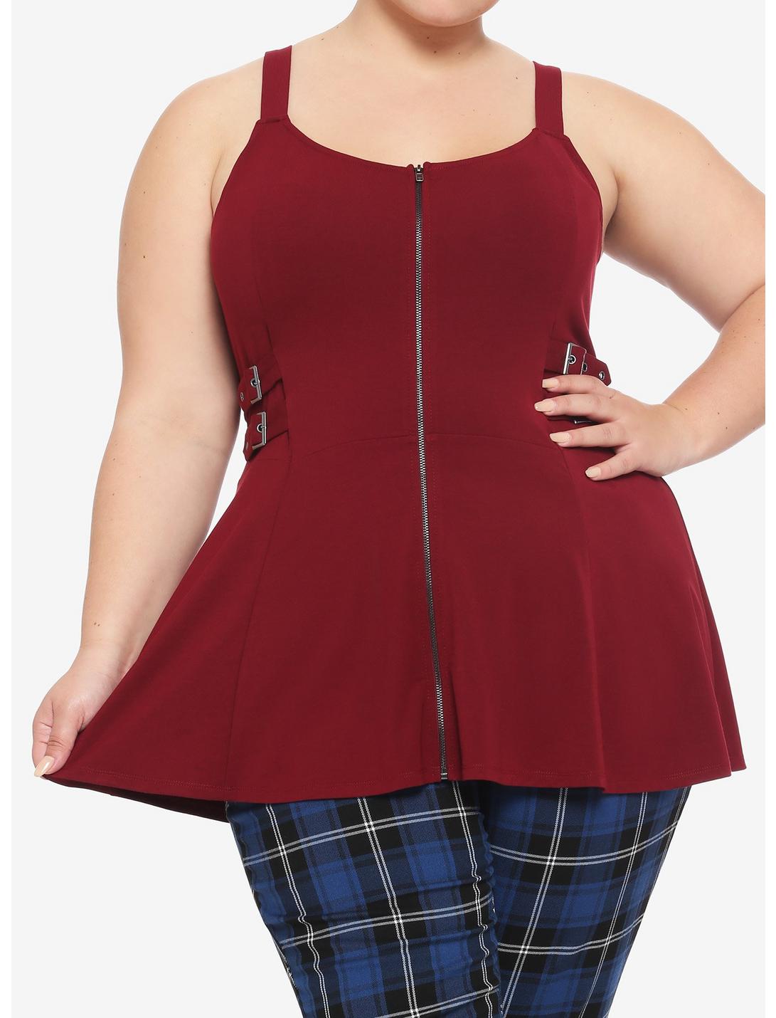 Burgundy Zip-Front Buckle Girls Peplum Tank Top Plus Size, RED, hi-res