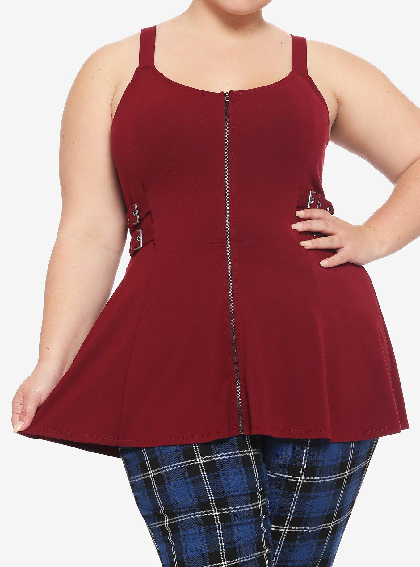 Burgundy Zip-Front Buckle Girls Peplum Tank Top Plus Size, RED, hi-res