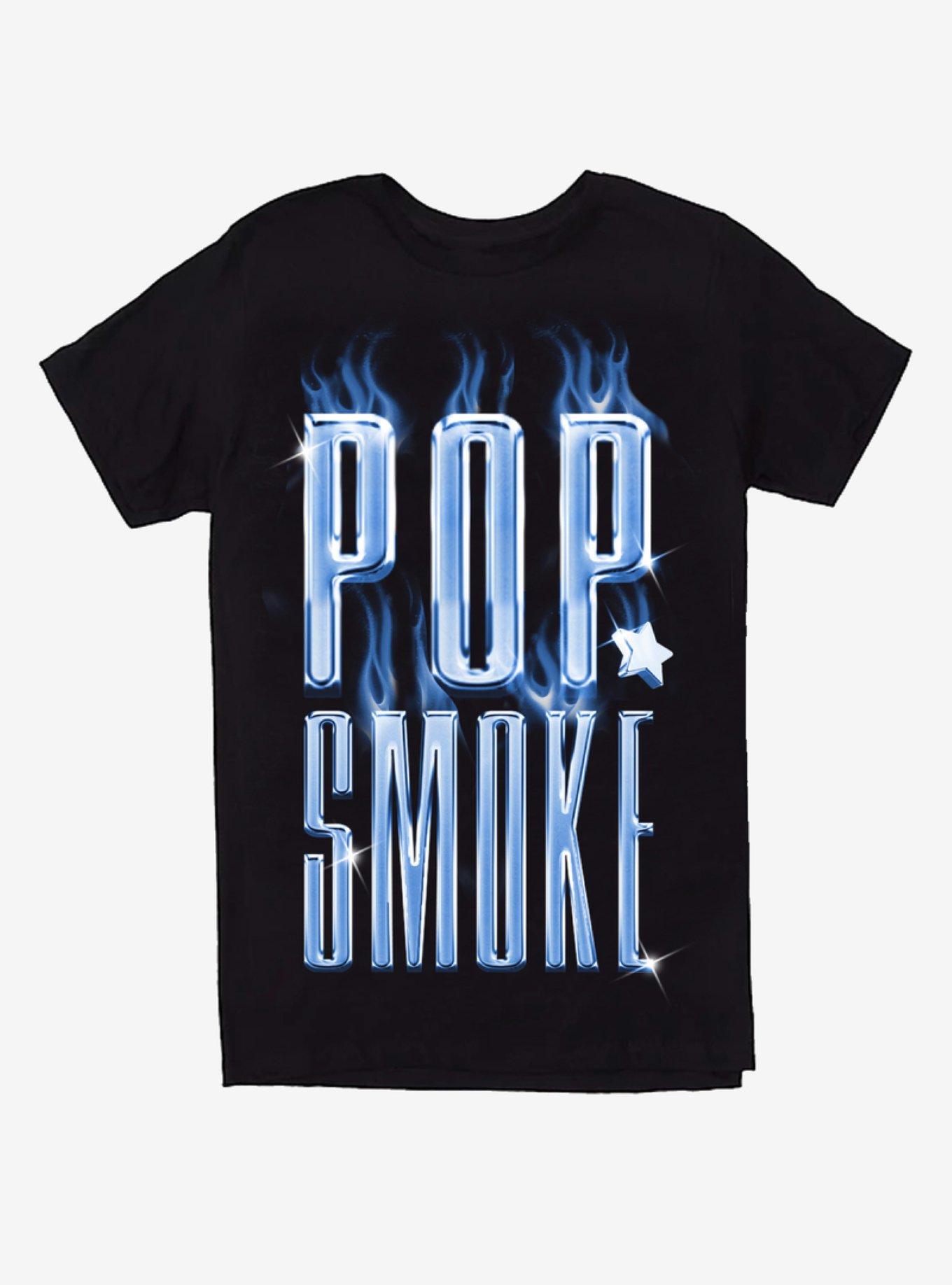 Pop Smoke Chrome Letters & Flames T-Shirt, BLACK, hi-res