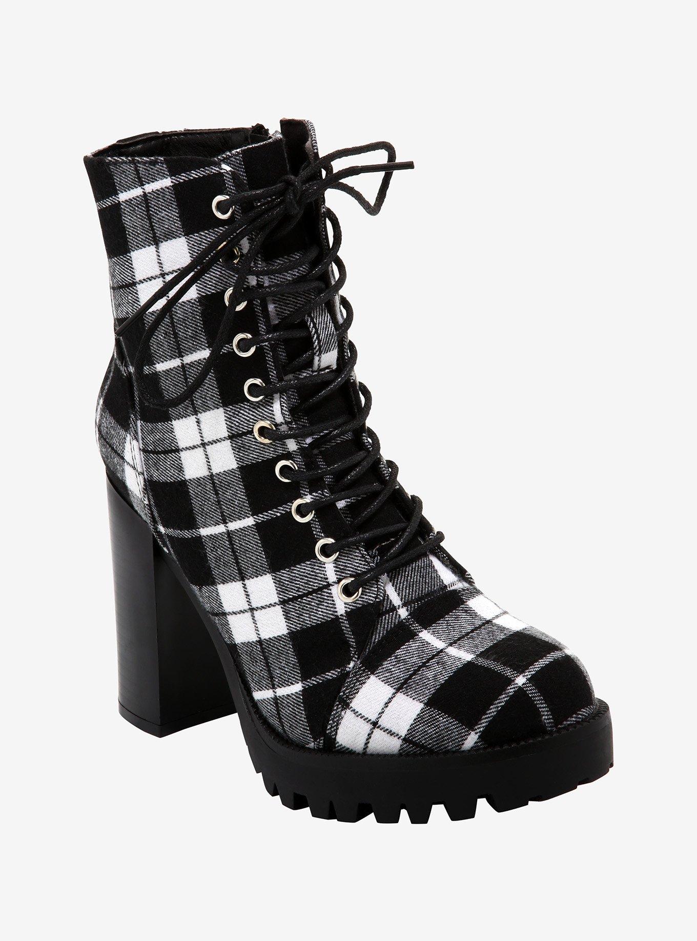 Black & White Plaid Heeled Booties, MULTI, hi-res