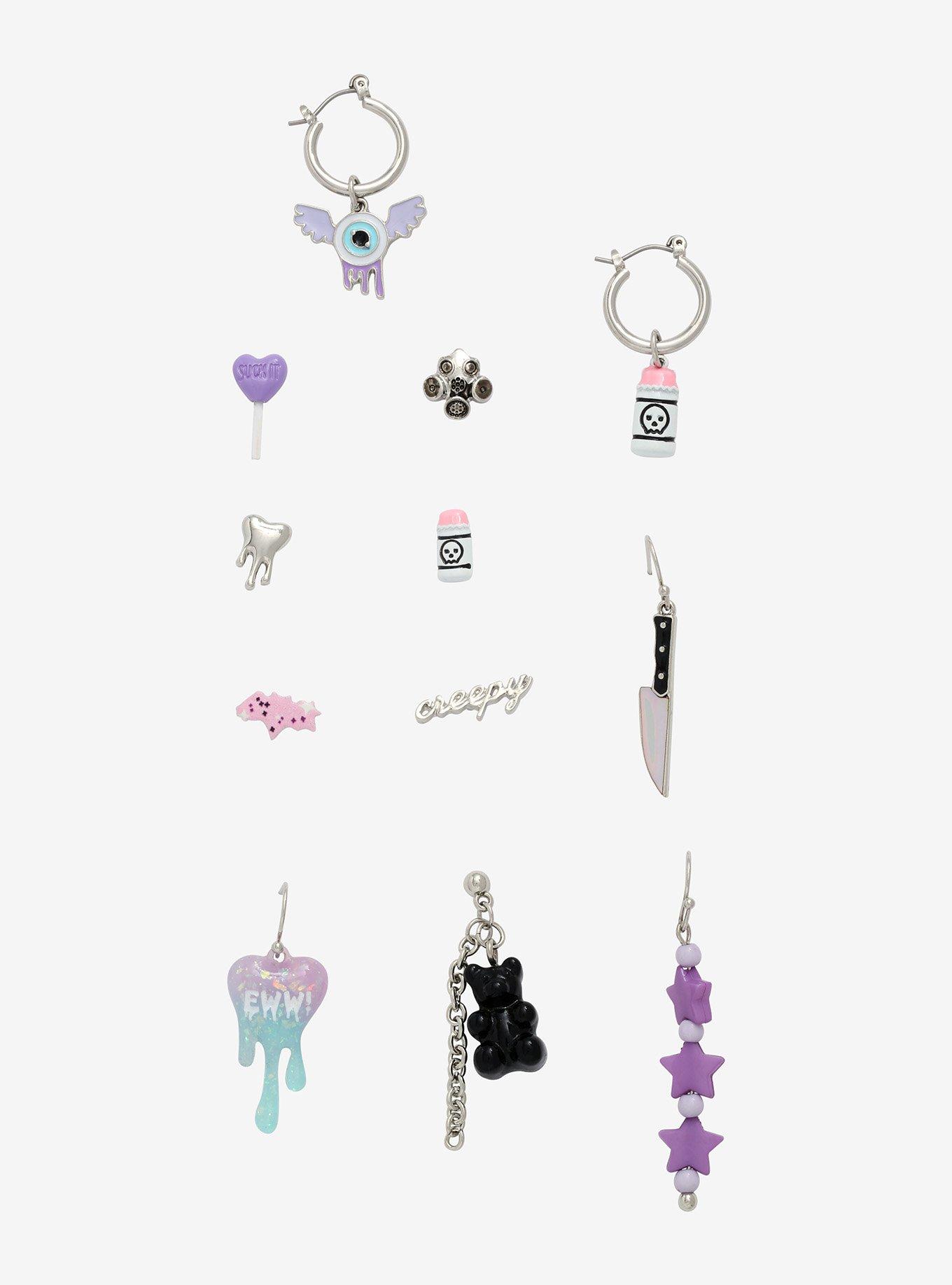 Dark Kawaii Mismatch Stud & Drop Earring Set, , hi-res