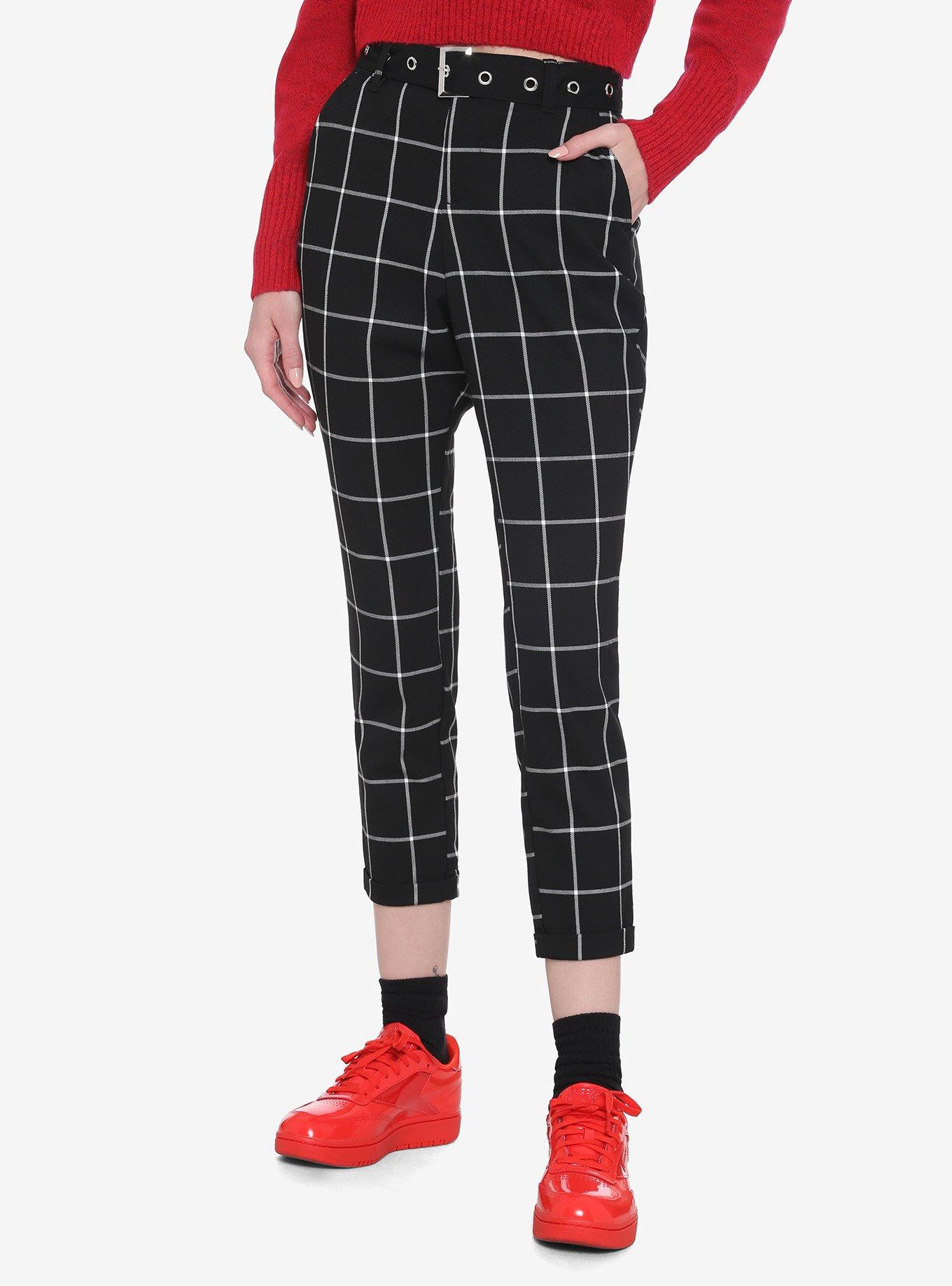 Black & White Grid Plaid Pants With Grommet Belt