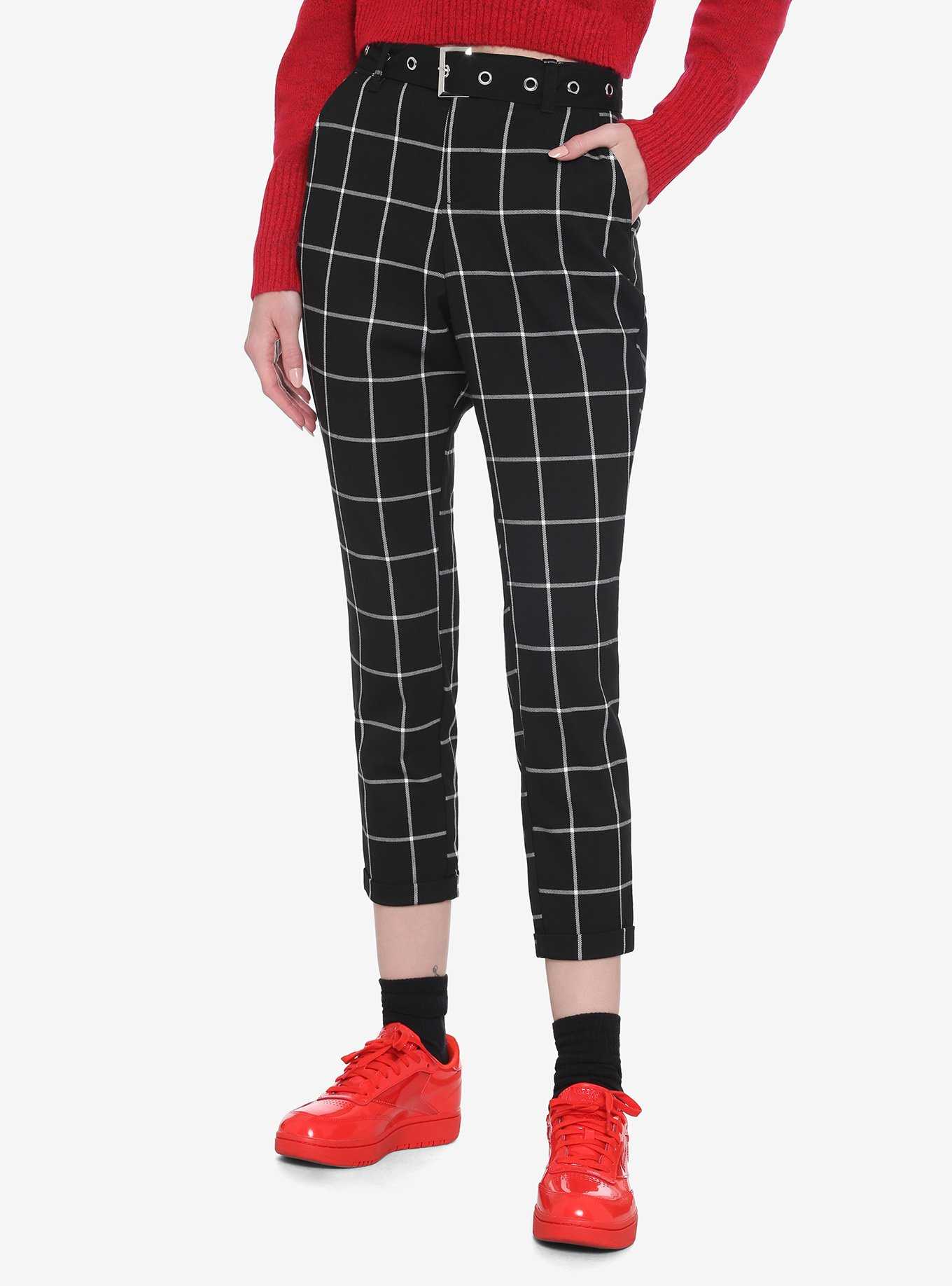 Black & White Grid Plaid Pants With Grommet Belt, , hi-res