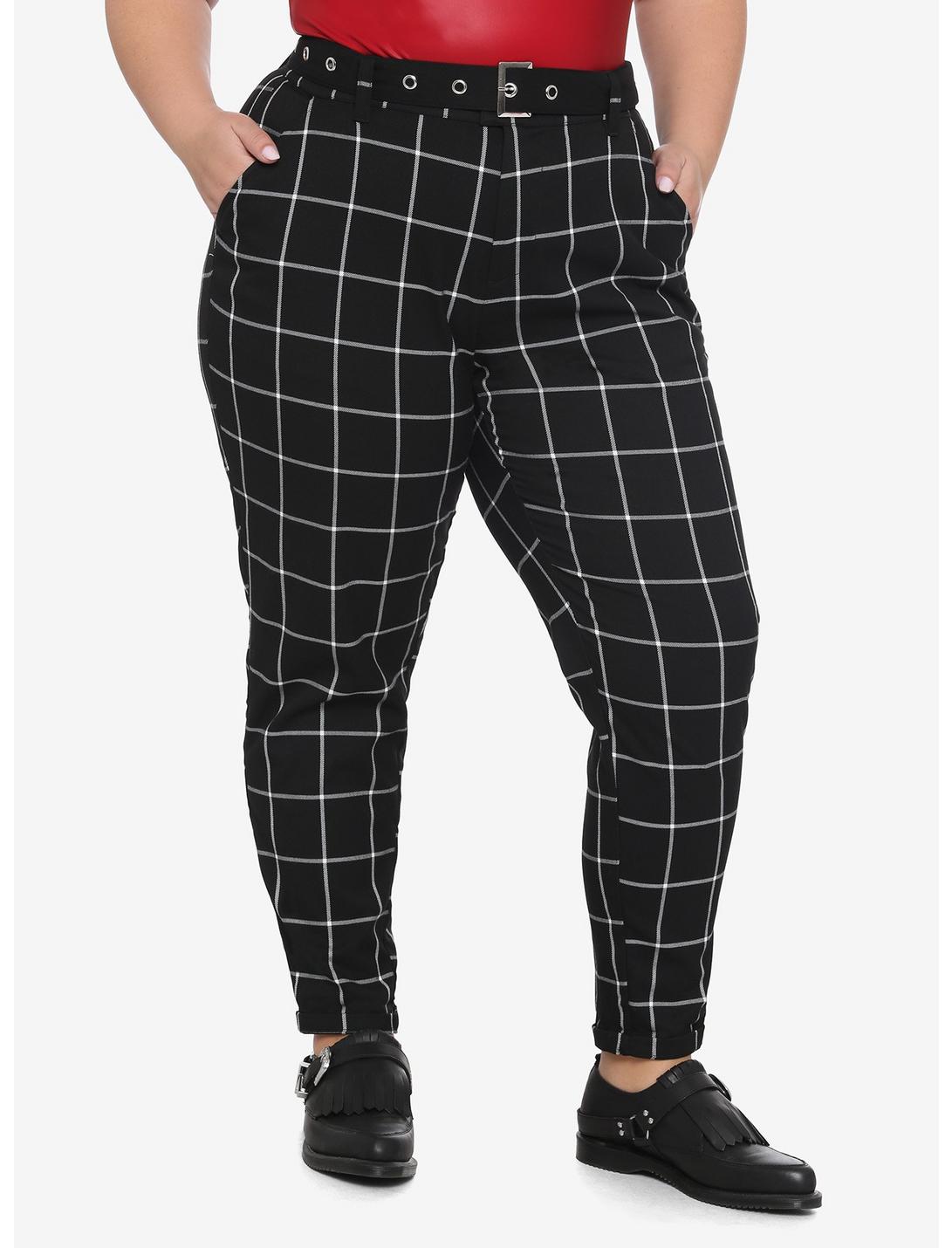 Black & White Grid Plaid Pants With Grommet Belt Plus Size, BLACK, hi-res