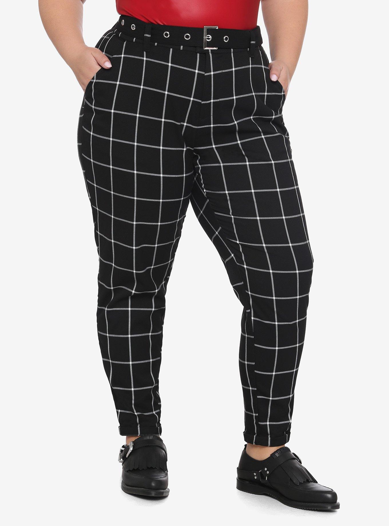 Black & Gray Plaid Pants With Belt Plus Size