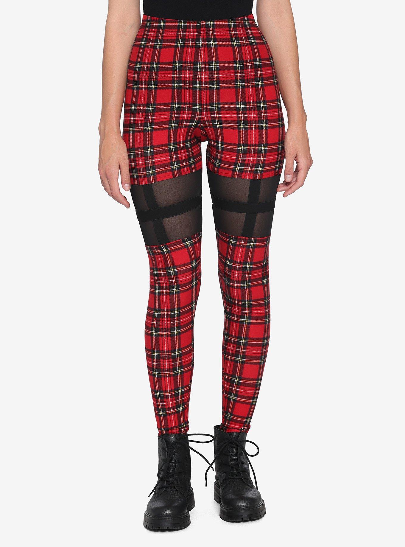 Red Plaid Mesh Panel Leggings, RED, hi-res