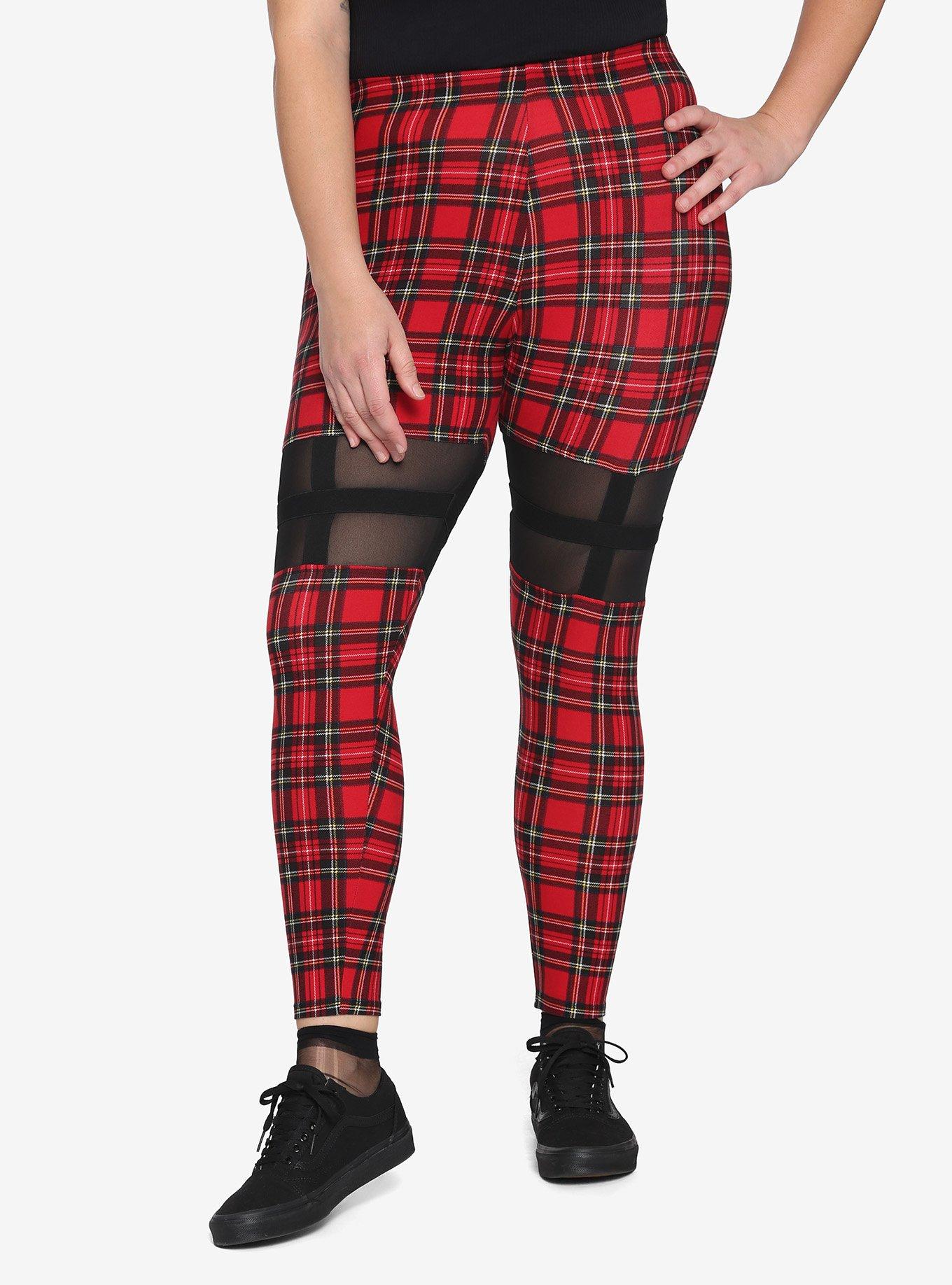 Red Plaid Mesh Panel Leggings Plus Size, RED, hi-res