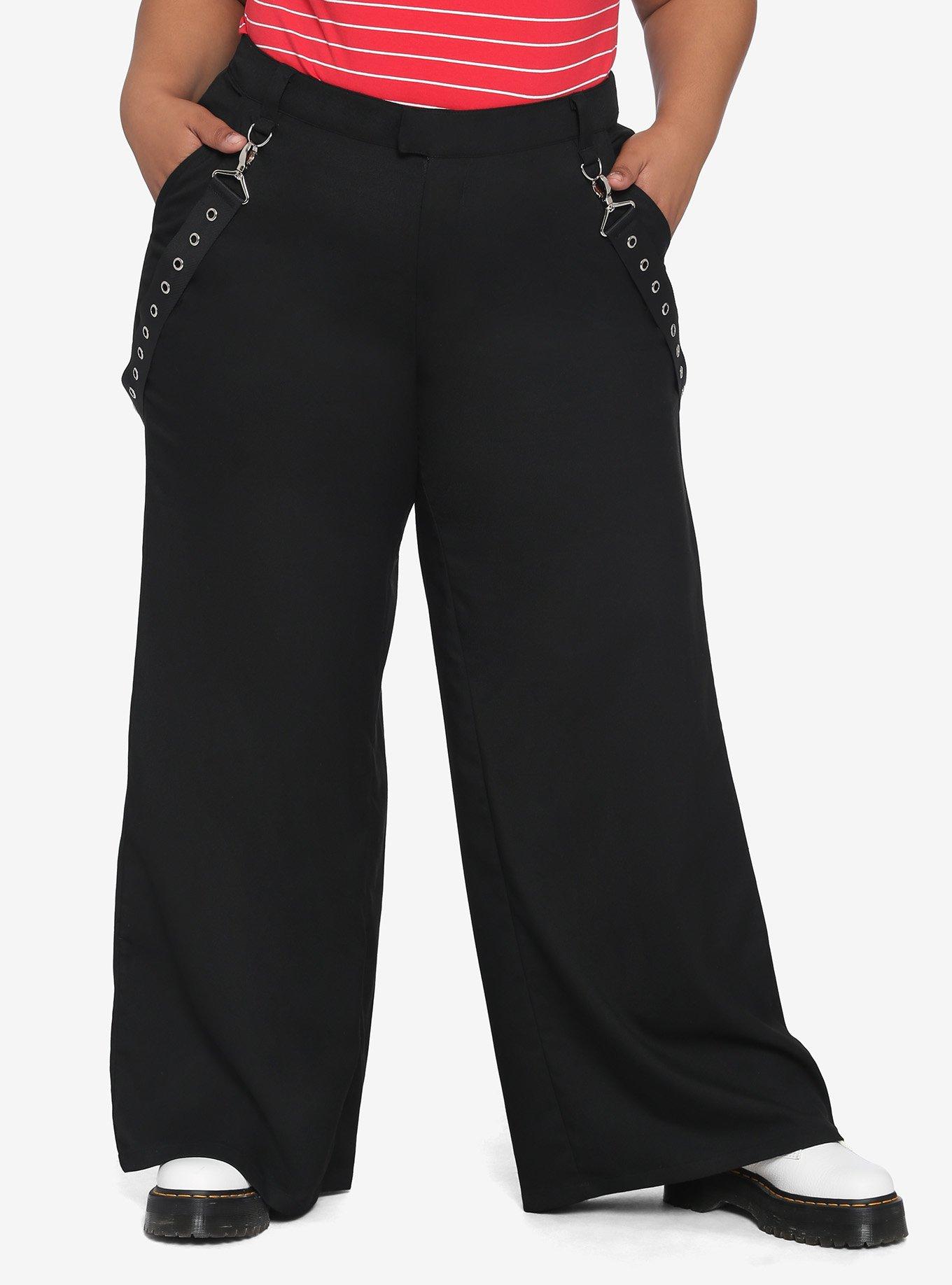 Grommet Suspender Wide Leg Pants Plus Size, BLACK, hi-res