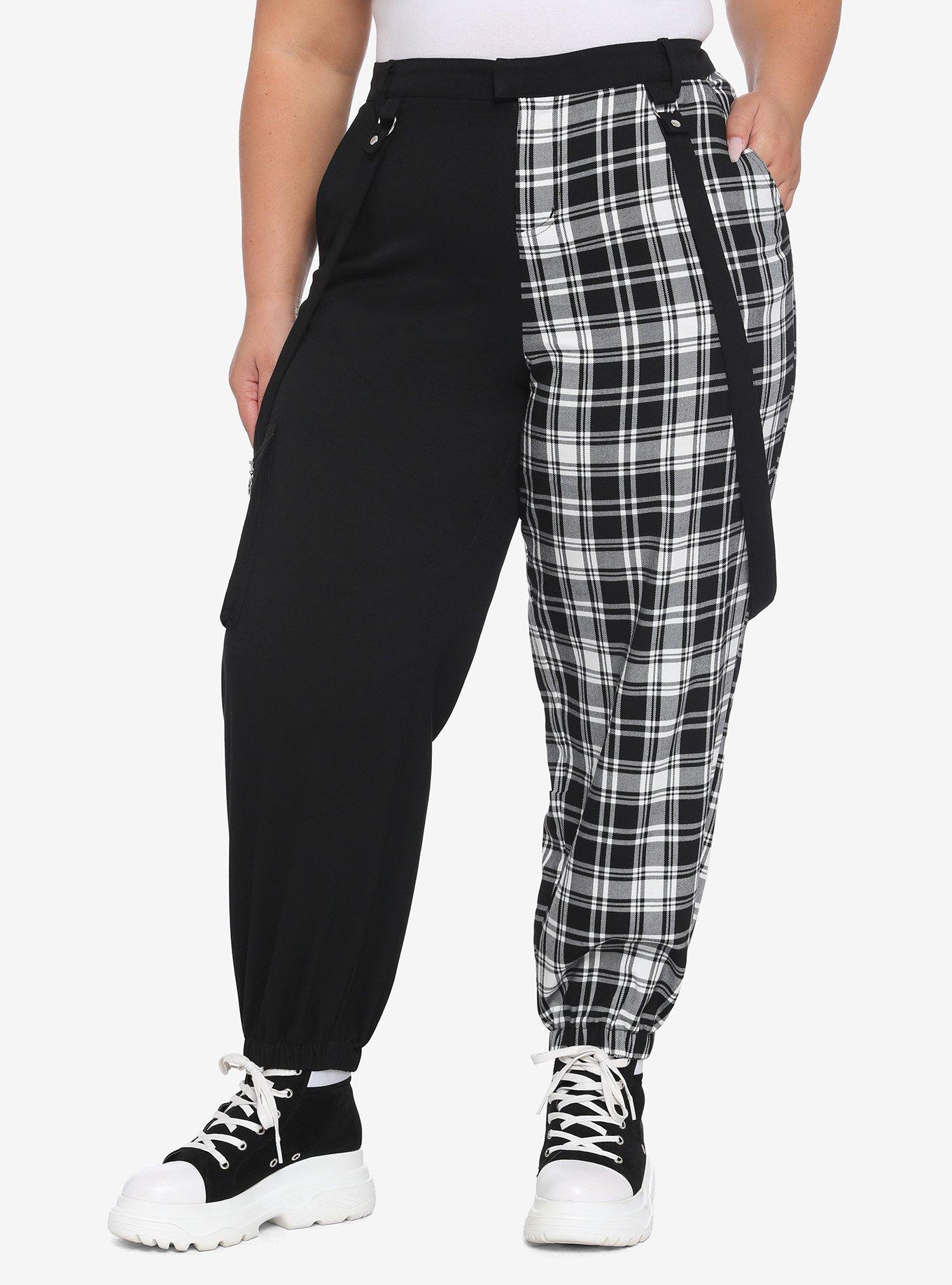 Black & White Plaid & Black Split Suspender Jogger Pants Plus Size, MULTI, hi-res