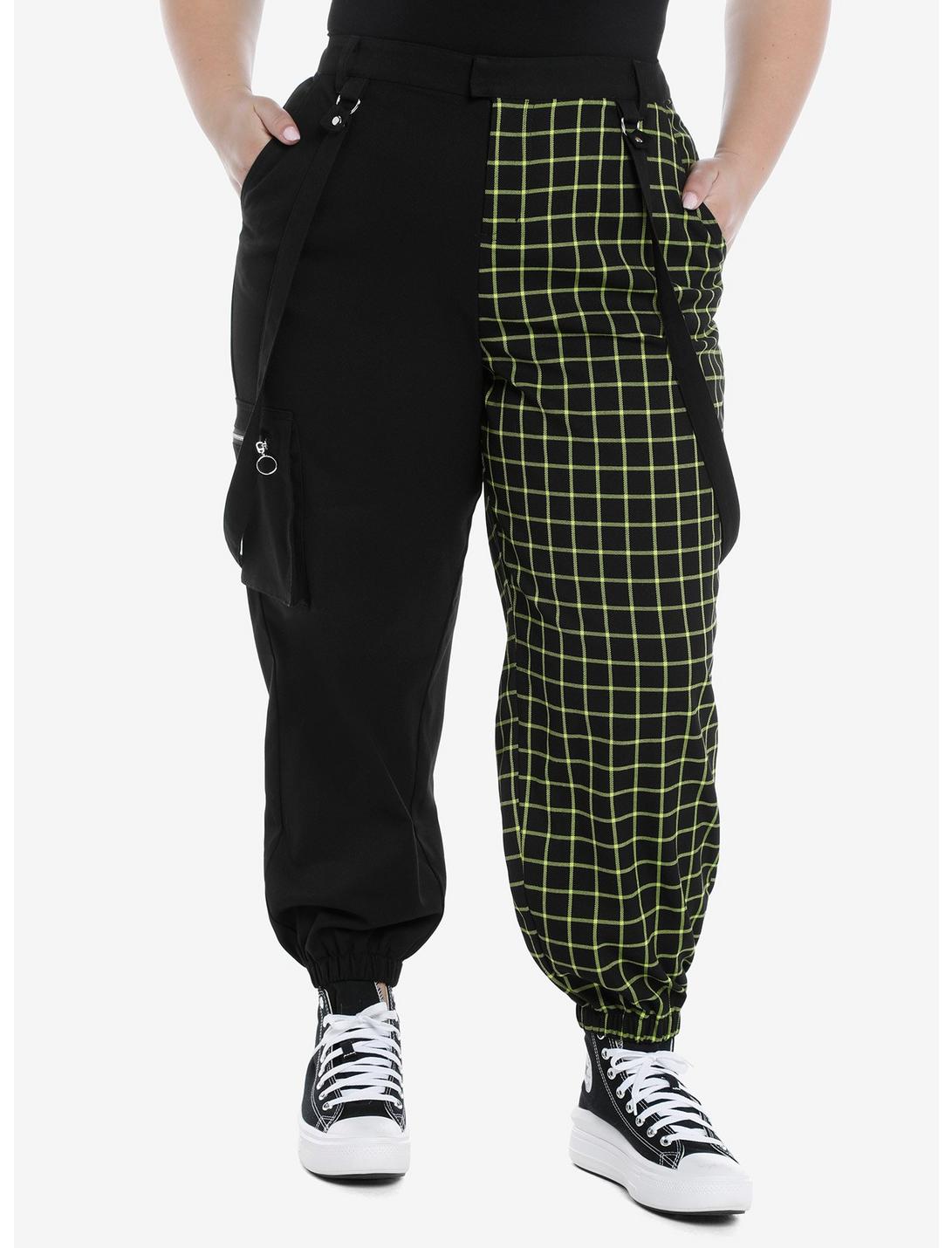 Green Grid & Black Split Suspender Jogger Pants Plus Size, MULTI, hi-res