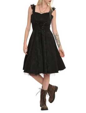 Black Brocade Lace-Up Dress, , hi-res