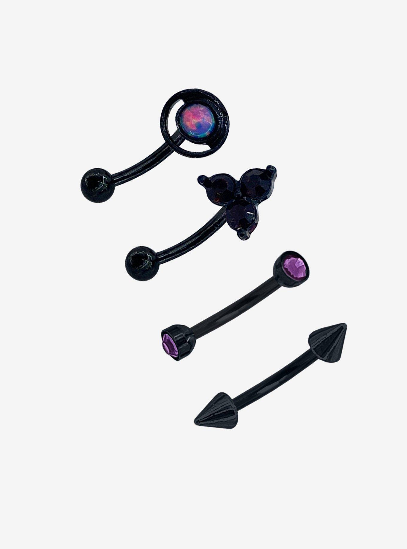 Steel Black & Purple Gems Eyebrow Barbell 4 Pack, BLACK, hi-res