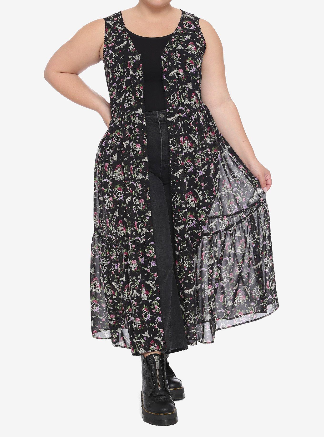 Witchy Floral Chiffon Sleeveless Duster Plus Size, BLACK, hi-res