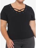 Black Grommet Crisscross Girls Crop T-Shirt Plus Size, BLACK, hi-res