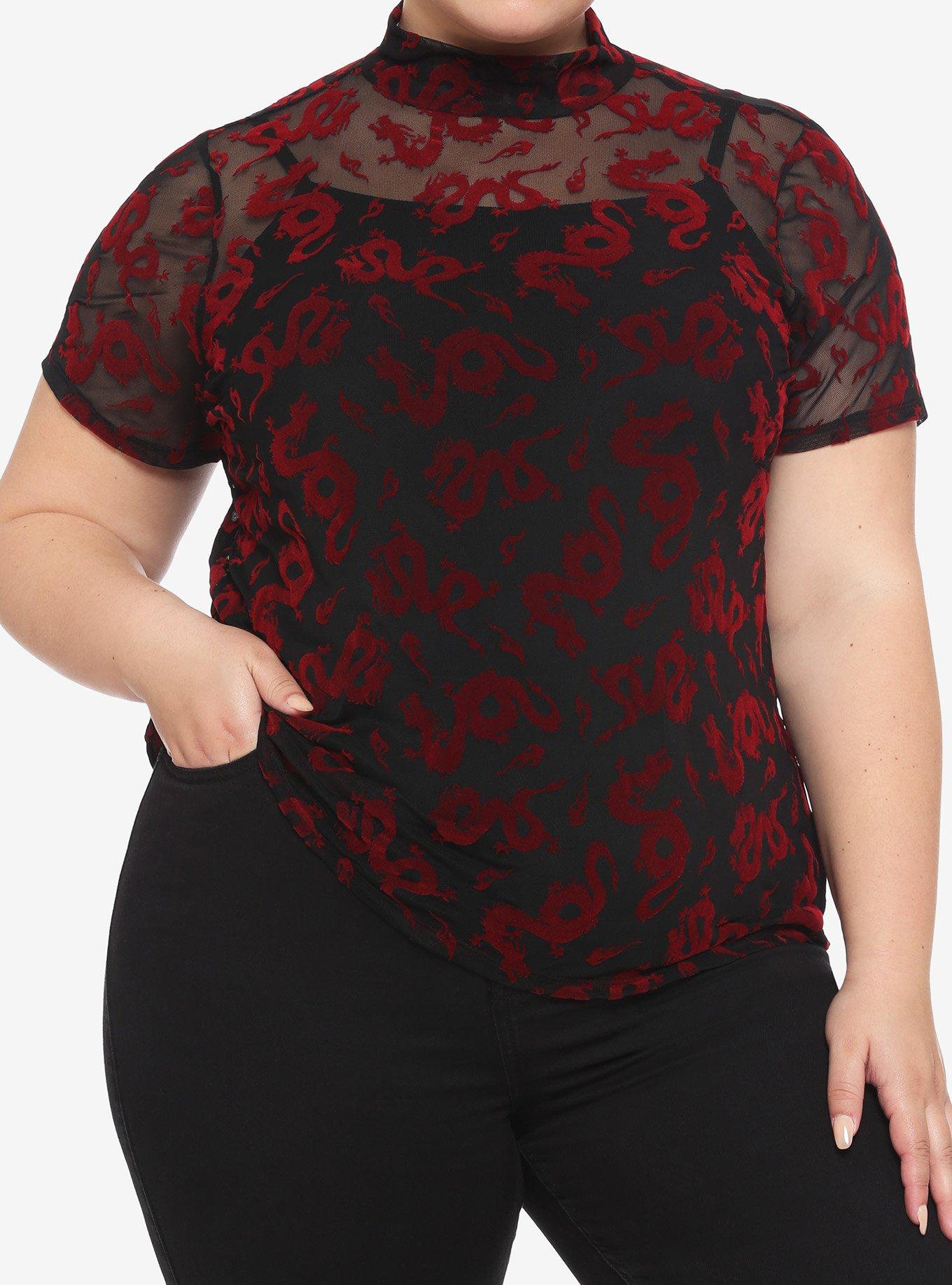 Red Dragons Flocked Layered Girls Top Plus Size, MULTI, hi-res