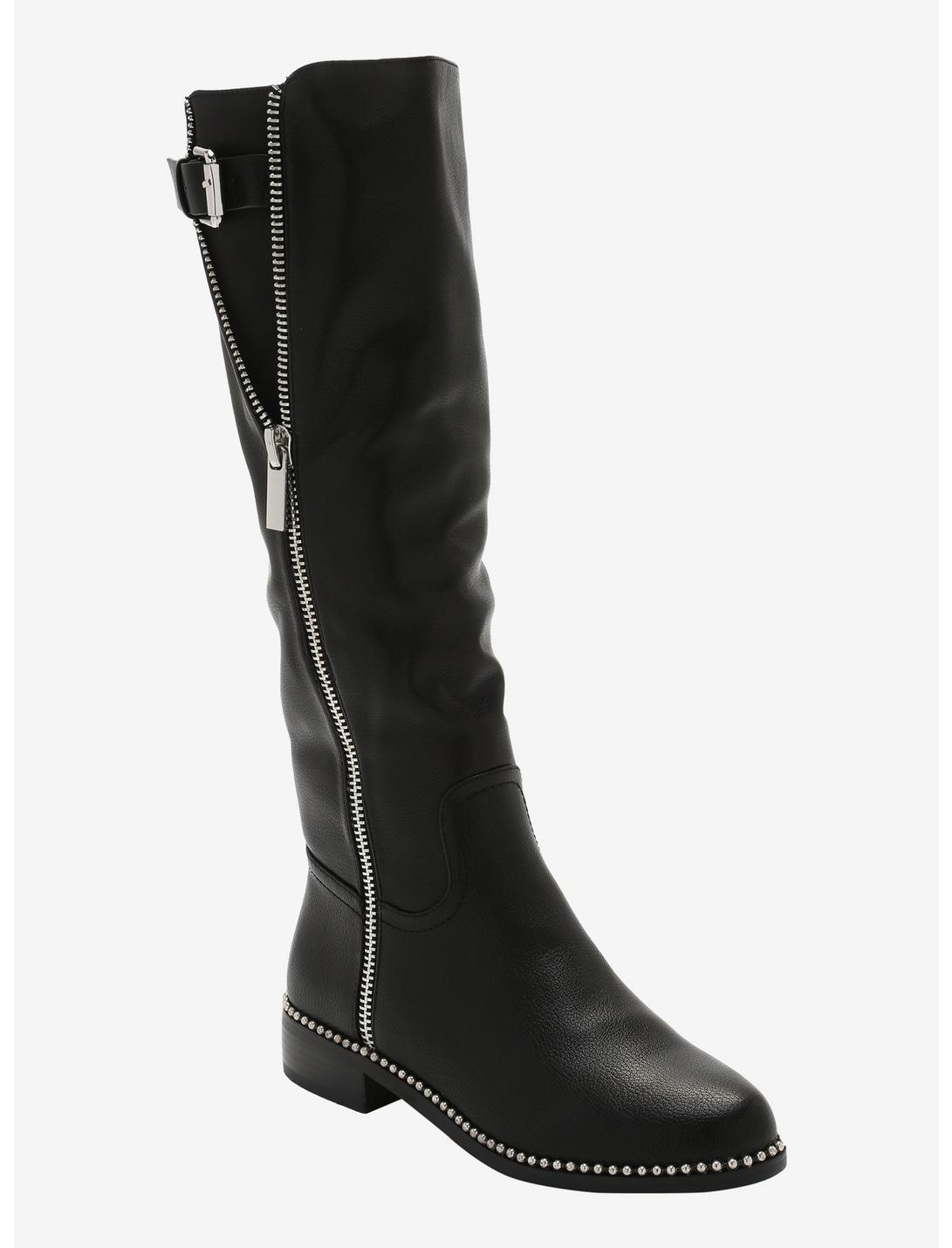 Black Zipper Knee-High Boots, MULTI, hi-res