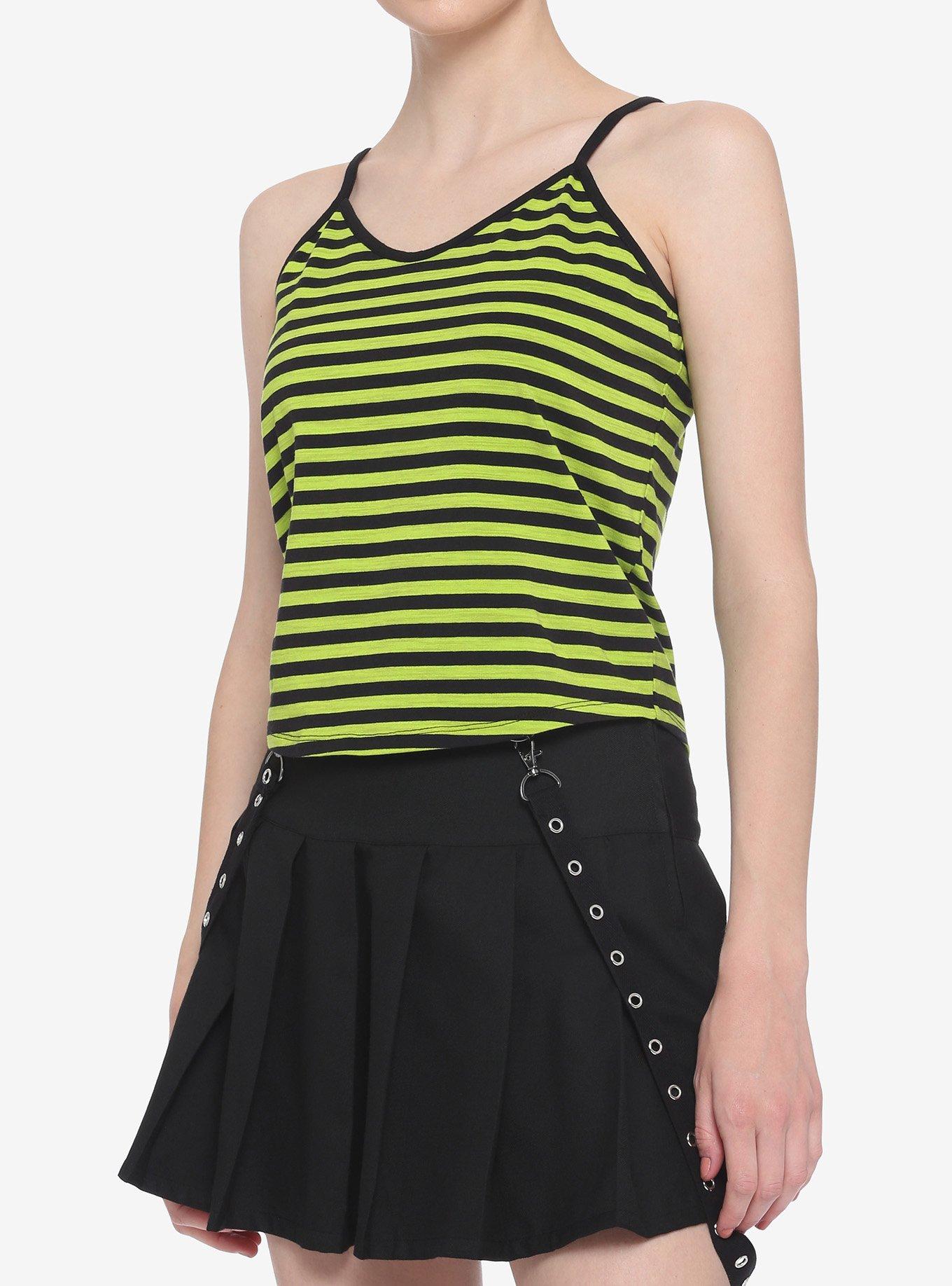 Black & Lime Green Stripe Girls Strappy Crop Tank Top, STRIPES, hi-res