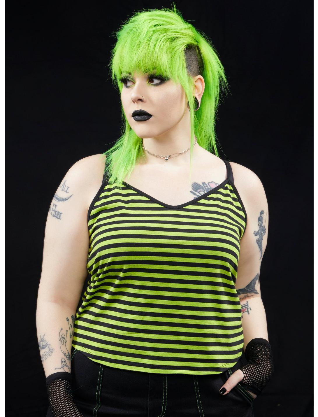 Black & Lime Green Stripe Girls Strappy Crop Tank Top Plus Size, STRIPES, hi-res