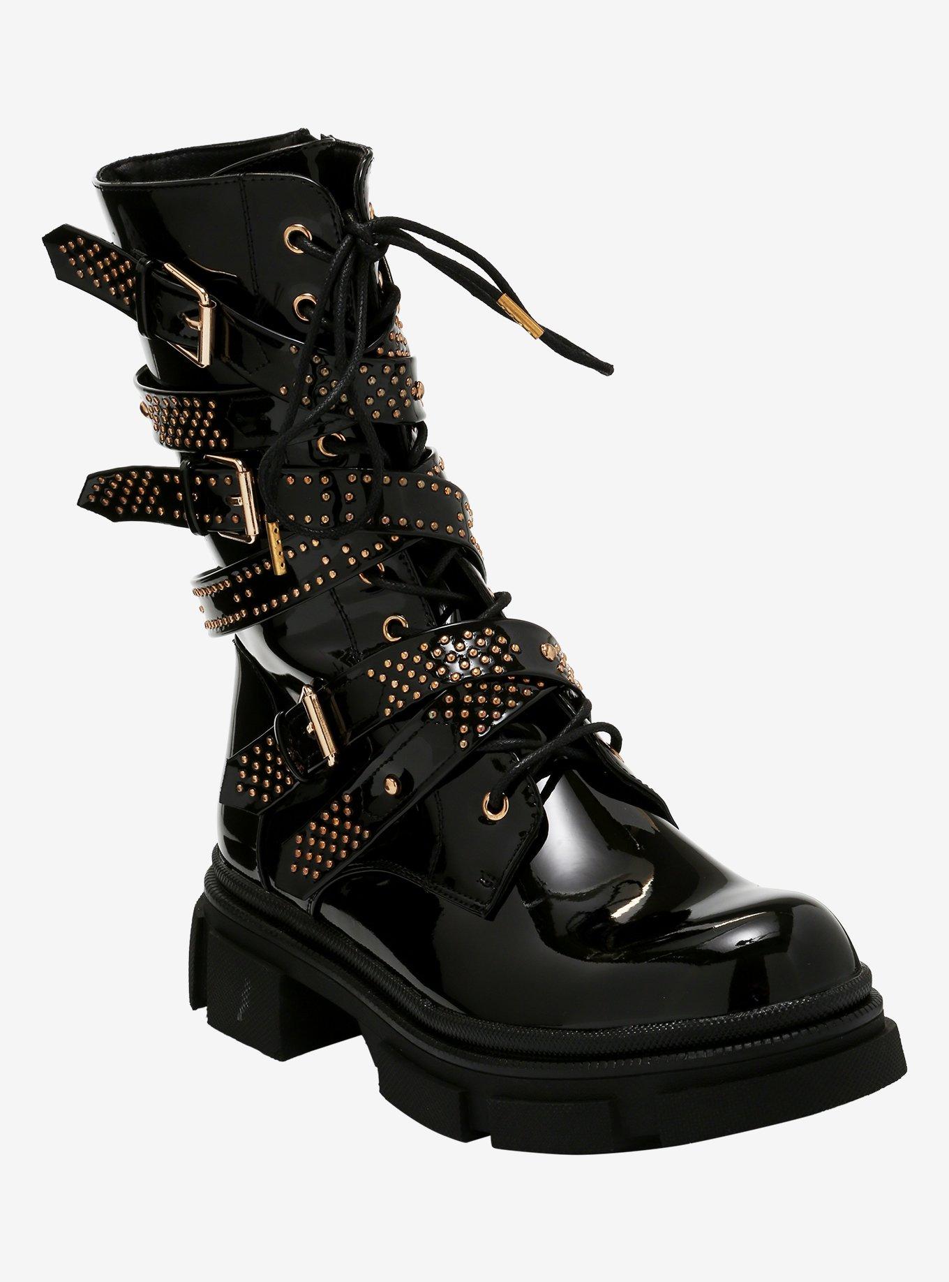 Gold Stud Multi Strap Black Patent Combat Boots, BLACK, hi-res